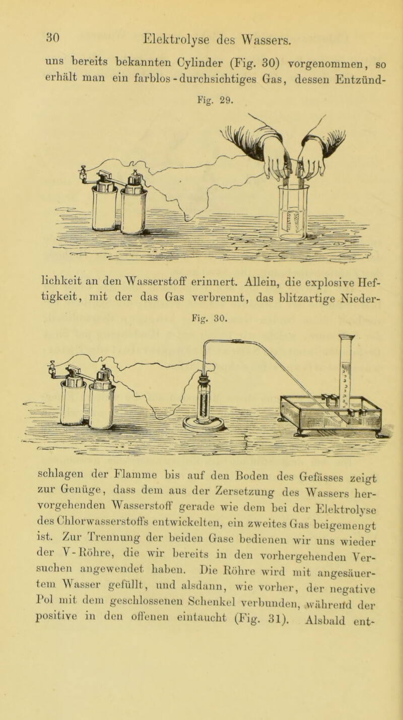 Elektrolyse des Wassers. uns bereits bekannten Cylinder (Fig. 30) vorgenonimen, so erhält man ein farblos - durchsichtiges Gas, dessen Entzünd- Fig. 29. lichkeit an den Wasserstoff erinnert. Allein, die explosive Hef- tigkeit, mit der das Gas verbrennt, das blitzartige Nieder- Fig. 30. schlagen der Flamme bis auf den Boden des Gefässes zeigt zur Genüge, dass dem aus der Zersetzung des Wassers her- vorgehenden Wasserstoff gerade wie dem bei der Elektrolyse des Chlorwasserstofls entwickelf en, ein zweites Gas beigemengt ist. Zur Irennung der beiden Gase bedienen wir uns wieder der V-I\öhre, die wir bereits in den vorhergehenden Ver- suchen angewendet haben. Die Röhre wird mit angesäuer- tem Wasser gefüllt, und alsdann, wie vorher, der negative Bol mit dem geschlossenen Sdienkel verbunden, währeifd der positive in den offenen einfaucht (Fig. 31). Alsbald ent-