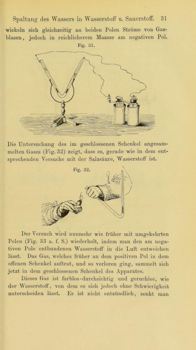 ■wickeln sicli gleiclizeitig an beiden Polen Ströme von Gas- blasen , jedoch in reichlicherem Maasse am negativen Pol. Fig. 31. Die Untersuchung des im geschlossenen Schenkel angesam- melten Gases (Fig. 32) zeigt, dass es, gerade wie in dem ent- sprechenden Versuche mit der Salzsäure, Wasserstoff ist. Der Versuch wird nunmehr wie früher mit umgekehrten Polen (Fig. 33 a. f. S.) wiederholt, indem man den am nega- tiven Pole entbundenen Wasserstoff in die Luft entweichen lässt. Das Gas, welches früher an dem positiven Pol in dem offenen Schenkel auftrat, und so verloren ging, sammelt sich jetzt in dem geschlossenen Schenkel des Apparates. Dieses Gas ist farblos-durchsichtig und geruchlos, wie der Wasserstoff, von dem es sich jedoch ohne Schwierigkeit unterscheiden lässt. Es ist nicht entzündlich, senkt man