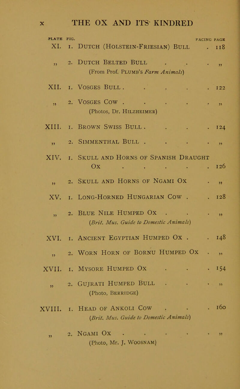 PLATE XI. FIG. I. FACING Dutch (Holstein-Friesian) Bull PAGE 118 33 2. Dutch Belted Bull (From Prof. Plumb’s Farm Animals) 33 XII. I. Vosges Bull ..... 122 3) 2. Vosges Cow ..... (Photos, Dr. Hilzheimer) 33 XIII. I. Brown Swiss Bull .... 124 33 2. SlMMENTHAL BULL .... 33 XIV. I. Skull and Horns of Spanish Draught Ox 126 33 2. Skull and Horns of Ngami Ox 33 XV. I. Long-Horned Hungarian Cow . 128 33 2. Blue Nile Humped Ox . (Brit. Mus. Guide lo Domestic Animals) 33 XVI. I. Ancient Egyptian Humped Ox . 148 33 2. Worn Horn of Bornu Humped Ox . 33 XVII. I. Mysore Humped Ox 154 33 2. Gujrati Humped Bull (Photo, Berridge) 33 XVIII. I. Head of Ankoli Cow (Brit. Mus. Guide to Domestic Animals) 160 33 2, Ngami Ox (Photo, Mr. J. Woosnam) 33