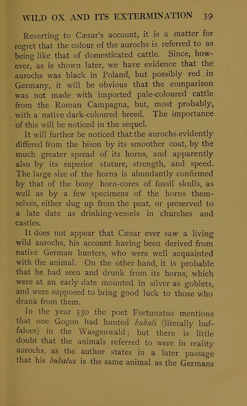Reverting to Caesar’s account, it is a matter for regret that the colour of the aurochs is referred to as being like that of domesticated cattle. Since, how- ever, as is shown later, we have evidence that the aurochs was black in Poland, but possibly red in Germany, it will be obvious that the comparison was not made with imported pale-coloured cattle from the Roman Campagna, but, most probably, with a native dark-coloured breed. The importance of this will be noticed in the sequel. It will further be noticed that the aurochs evidently differed from the bison by its smoother coat, by the much greater spread of its horns, and apparently also by its superior stature, strength, and speed. The large size of the horns is abundantly confirmed by that of the bony horn-cores of fossil skulls, as well as by a few specimens of the horns them- selves, either dug up from the peat, or preserved to a late date as drinking-vessels in churches and castles. It does not appear that Csesar ever saw a living wild aurochs, his account having been derived from native German hunters, who were well acquainted with the animal. On the other hand, it is probable that he had seen and drunk from its horns, which were at an early date mounted in silver as goblets, and were supposed to bring good luck to those who drank from them. In the year 530 the poet Fortunatus mentions that one Gogon had hunted bubali (literally buf- faloes) in the Wasgenwald; but there is little doubt that the animals referred to were in reality aurochs, as the author states in a later passage that his bubal us is the same animal as the Germans