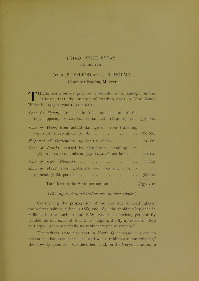 THIRD PRIZE ESSAY (Abstracted) By A. E. McLEOD and J. B. HOLME, Canonbar Station, Miowera. THESE contributors give some details as to damage, on the estimate that the number of breeding ewes in New South Wales in 1909-10 was 17,000,000:— Loss in Sheep, direct or indirect, on account of the pest, supposing 10,000,000 are handled—1% at 10/- each ^50,000 Loss of Wool, from actual damage or from travelling —J lb. per sheep, @ 8d. per lb. ... ... ... ... 166,000 Expense of Treatment—5/-per 100 sheep ... ... 25,000 Loss of Lambs, caused by disturbance, handling, etc. —on 7,000,000 lambs = 350,000, @ 4/- per lamb ... 70,000 Loss of Ezve Weaners ... ... ... ... ... 8,700 Loss of Wool from 3,500,000 ewe weaners, at i lb. per head, @ 8d. per lb. ... ... ... ... ... 58,000 Total loss to the State per annum ... ■■■£377,700 (This figure does not include loss in other Stales.) Considering the propagation of the flies due to dead rabbits, the writers point out that in 1889 and 1894 the rabbits “lay dead in millions in the Lachlan and S. W. Riverina districts, yet the fly trouble did not exist at that time. Again, the fly appeared in 1899 and 1903, when practically no rabbits existed anywhere.” The writers state also that in North Queensland, “ where no poison cart has ever been used, and where rabbits are non-existent,” the blow-fly abounds. On the other hand, on the Meryula station, in