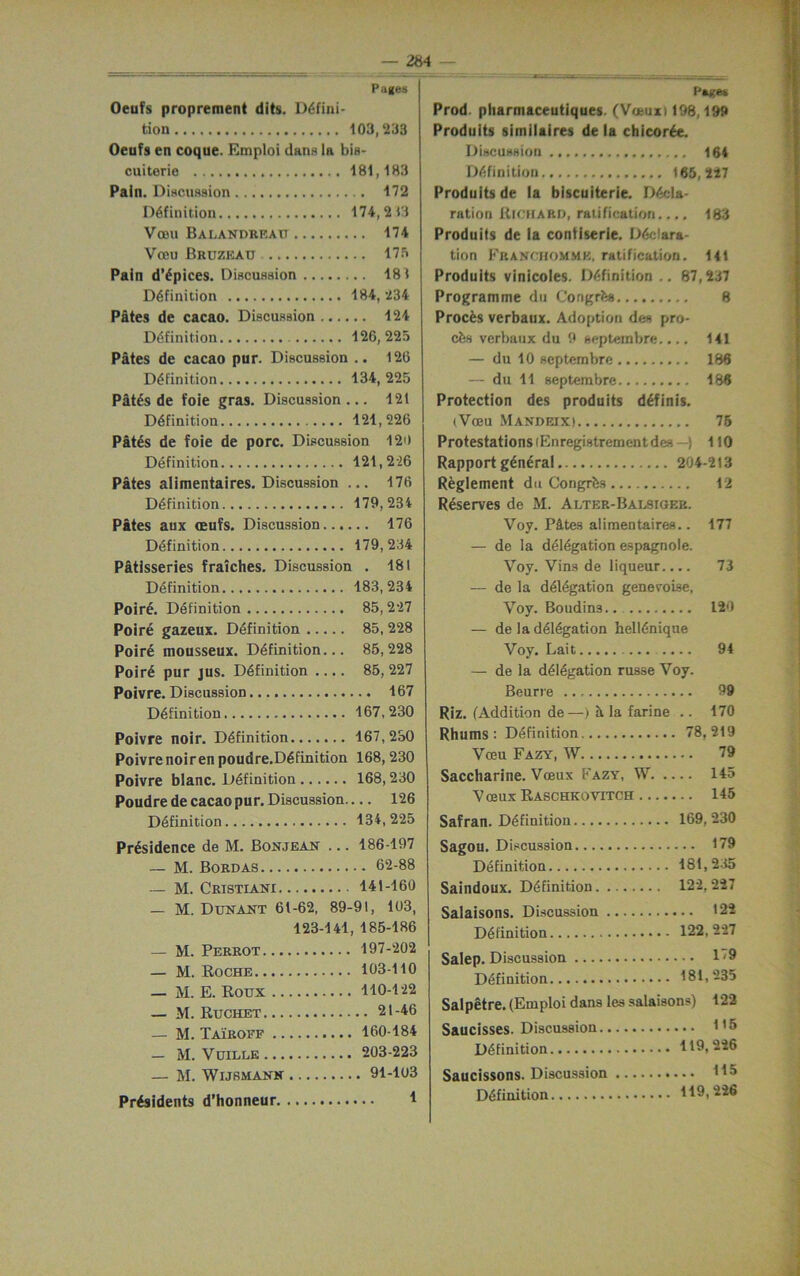 Pages Oeufs proprement dits. Ddfini- tion 103,233 Oeufs en coque. Emploi dans la bis- cuiterie 181,183 Pain. Discussion . 172 Definition 174,213 Vceu Bai.andrf.au . . 174 Vceu Bruzeau . . 175 Pain d’epices. Discussion ... 181 Definition 184, 234 Pates de cacao. Discussion ..., ... 124 Definition 126, 225 Pates de cacao pur. Discussion .. 126 Definition 134, 225 Pates de foie gras. Discussion ... 121 Definition 121,226 Pates de foie de pore. Discussion 129 Definition 121,2-26 Pates alimentaires. Discussion ... 176 Definition 179,234 Pates aux CEufs. Discussion 176 Definition 179,234 Patisseries fraiches. Discussion . 181 Definition 183,234 Poire. Definition 85,227 Poire gazeux. Definition 85, 228 Poire tnousseux. Definition... 85,228 Poire pur jus. Definition .... 85,227 Poivre. Discussion 167 Definition 167,230 Poivre noir. Definition 167,230 Poivre noirenpoudre.Definition 168, 230 Poivre blanc. Definition 168,230 Poudredecacaopur. Discussion— 126 Definition 134,225 Presidence de M. Bonjean ... 186-197 — M. Bordas 62-88 — M. Cristiani 141-160 — M. Dun ant 61-62, 89-91, 103, 123-141, 185-186 — M. Perrot 197-202 — M. Roche 103-110 — M. E. Roux 110-122 — M. Ruchet 21-46 — M. Ta'iroff 160-184 — M. VuiLLE 203-223 — M. WlJSMANN 91-103 Presidents d’honneur 1 Pages Prod, piiarmaceutiques. (Vosuxi 198,199 Produits similaires de la chicorde. Discussion 164 Definition 165,217 Produits de la biscuiterie. Decla- ration Richard, ratification.... 183 Produits de la contiserie. Declara- tion Franchommk, ratification. 141 Produits vinicoles. Definition .. 87,237 Programme du Congrfcs 8 Proces verbaux. Adoption des pro- cbs verbaux du 9 septembre.... 141 — du 10 septembre 186 — du 11 septembre 186 Protection des produits definis. (Vceu Mandeix) 76 Protestations (Enregistrement des -) 110 Rapport general 204-213 Reglement du Congrfcs 12 Reserves de M. Alter-Bausigek. Voy. P&tes alimentaires.. 177 — de la delegation espagnole. Voy. Vins de liqueur.... 73 — de la delegation genevoise, Voy. Boudins 120 — de la delegation hell6nique Voy. Lait 94 — de la delegation russe Voy. Beurre 99 Riz. (Addition de—) It la farine .. 170 Rhums : Definition 78,219 Vceu Fazy, W 79 Saccharine. Voeux Fazy, W 145 Vceux Raschkovttch 145 Safran. Definition 169,230 Sagou. Discussion 179 Definition 181,235 Saindoux. Definition 122,227 Salaisons. Discussion 122 Definition 122,227 Salep. Discussion 1'9 Definition 181,235 Salpetre. (Ernploi dans les salaisons) 122 Saucisses. Discussion 1*5 Definition 119,226 Saucissons. Discussion H5 Definition 119,226