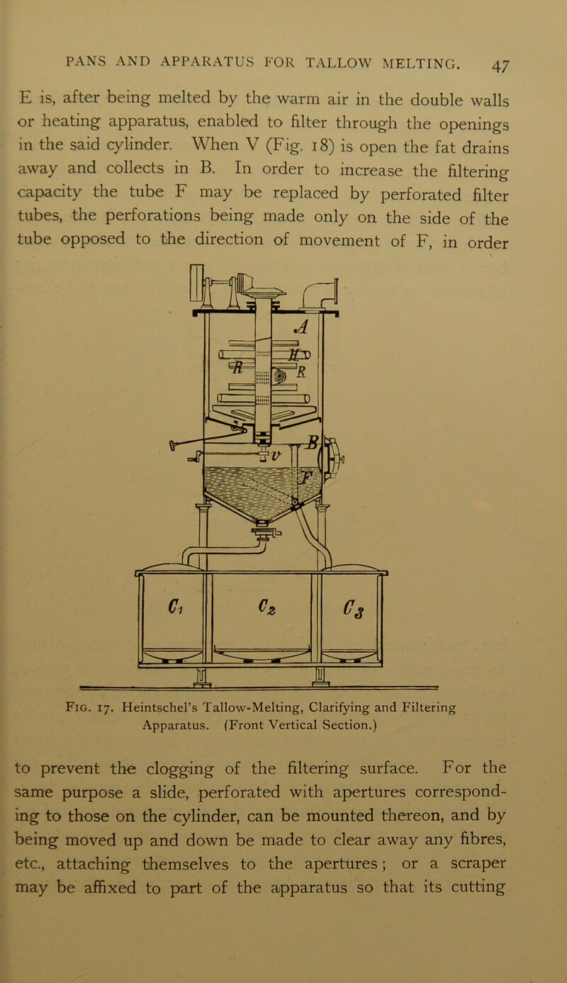 E is, after being melted by the warm air in the double walls or heating apparatus, enabled to filter through the openings in the said cylinder. When V (Fig. 18) is open the fat drains away and collects in B. In order to increase the filtering capacity the tube F may be replaced by perforated filter tubes, the perforations being made only on the side of the tube opposed to the direction of movement of F, in order Fig. 17. Heintschel’s Tallow-Melting, Clarifying and Filtering Apparatus. (Front Vertical Section.) to prevent the clogging of the filtering surface. For the same purpose a slide, perforated with apertures correspond- ing to those on the cylinder, can be mounted thereon, and by being moved up and down be made to clear away any fibres, etc., attaching themselves to the apertures; or a scraper may be affixed to part of the apparatus so that its cutting