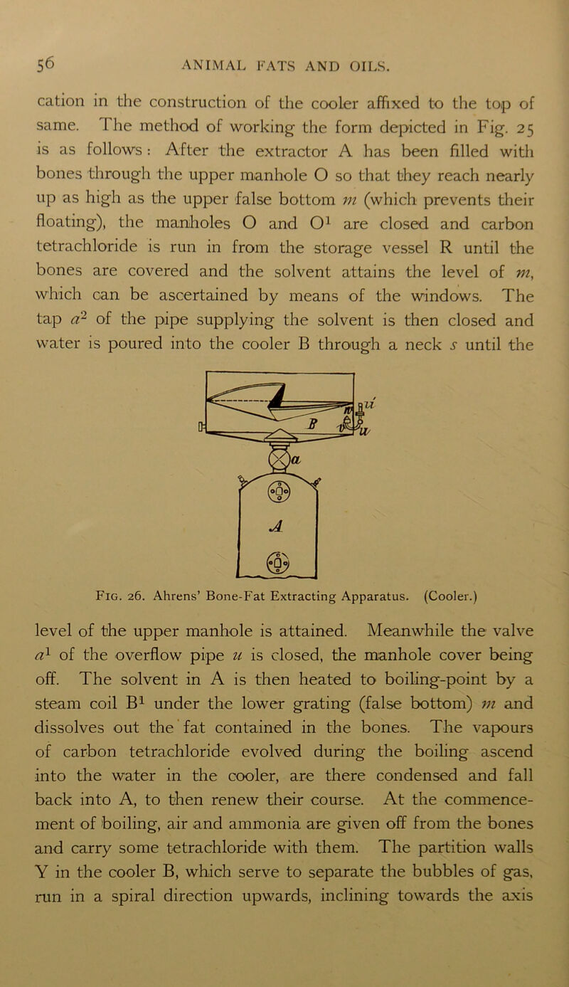 cation in the construction of the cooler affixed to the top of same. I he method of working- the form depicted in Fig. 25 is as follows : After the extractor A has been filled with bones through the upper manhole O so that they reach nearly up as high as the upper false bottom m (which prevents their floating), the manholes O and O1 are closed and carbon tetrachloride is run in from the storage vessel R until the bones are covered and the solvent attains the level of m, which can be ascertained by means of the windows. The tap a2 of the pipe supplying the solvent is then closed and water is poured into the cooler B through a neck until the Fig. 26. Ahrens’ Bone-Fat Extracting Apparatus. (Cooler.) level of the upper manhole is attained. Meanwhile the valve a1 of the overflow pipe u is closed, the manhole cover being off. The solvent in A is then heated to boiling-point by a steam coil B1 under the lower grating (false bottom) m and dissolves out the fat contained in the bones. The vapours of carbon tetrachloride evolved during the boiling ascend into the water in the cooler, are there condensed and fall back into A, to then renew their course. At the commence- ment of boiling, air and ammonia are given off from the bones and carry some tetrachloride with them. The partition walls Y in the cooler B, which serve to separate the bubbles of gas, run in a spiral direction upwards, inclining towards the axis