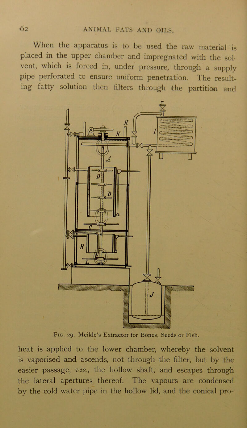 When the apparatus is to be used the raw material is placed in the upper chamber and impregnated with the sol- vent, which is forced in, under pressure, through a supply pipe perforated to ensure uniform penetration. The result- ing fatty solution then filters through the partition and heat is applied to the lower chamber, whereby the solvent is vaporised and ascends, not through the filter, but by the easier passage, viz., the hollow shaft, and escapes through the lateral apertures thereof. The vapours are condensed by the cold water pipe in the hollow lid, and the conical pro-