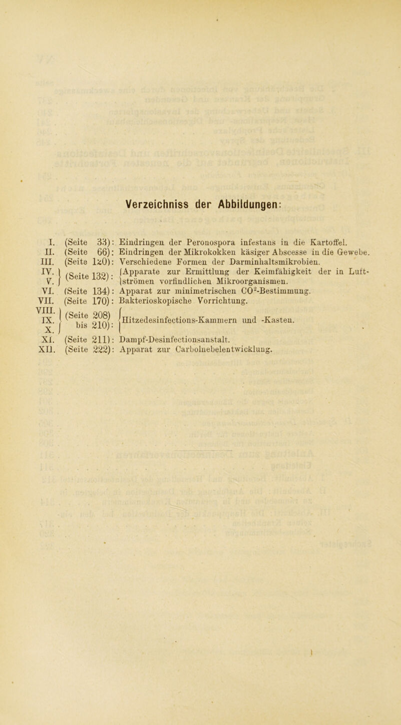 Verzeichniss der Abbildungen: I. (Seite II. (Seite III. (Seite IV. V. (Seite YI. (Seite VII. (Seite * I (Seite x* I bis XI. (Seite XU. (Seite 33): 66): 1*0): 132): 134): 170): 208) 210): 211): 222): Eindringen der Peronospora infestans in die Kartoffel. Eindringen der Mikrokokken käsiger Abscesse in die Gewebe. Verschiedene Formen der Darminhaltsmikrobien. (Apparate zur Ermittlung der Keimfähigkeit der in Luft- (strömen vorfindlichen Mikroorganismen. Apparat zur minimetrischen C02-Bestimmung. Bakterioskopische Vorrichtung. I Dampf-Desinfectionsanstalt. Apparat zur Carboinebelentwicklung. Hitzedesinfections-Kammern und -Kasten.