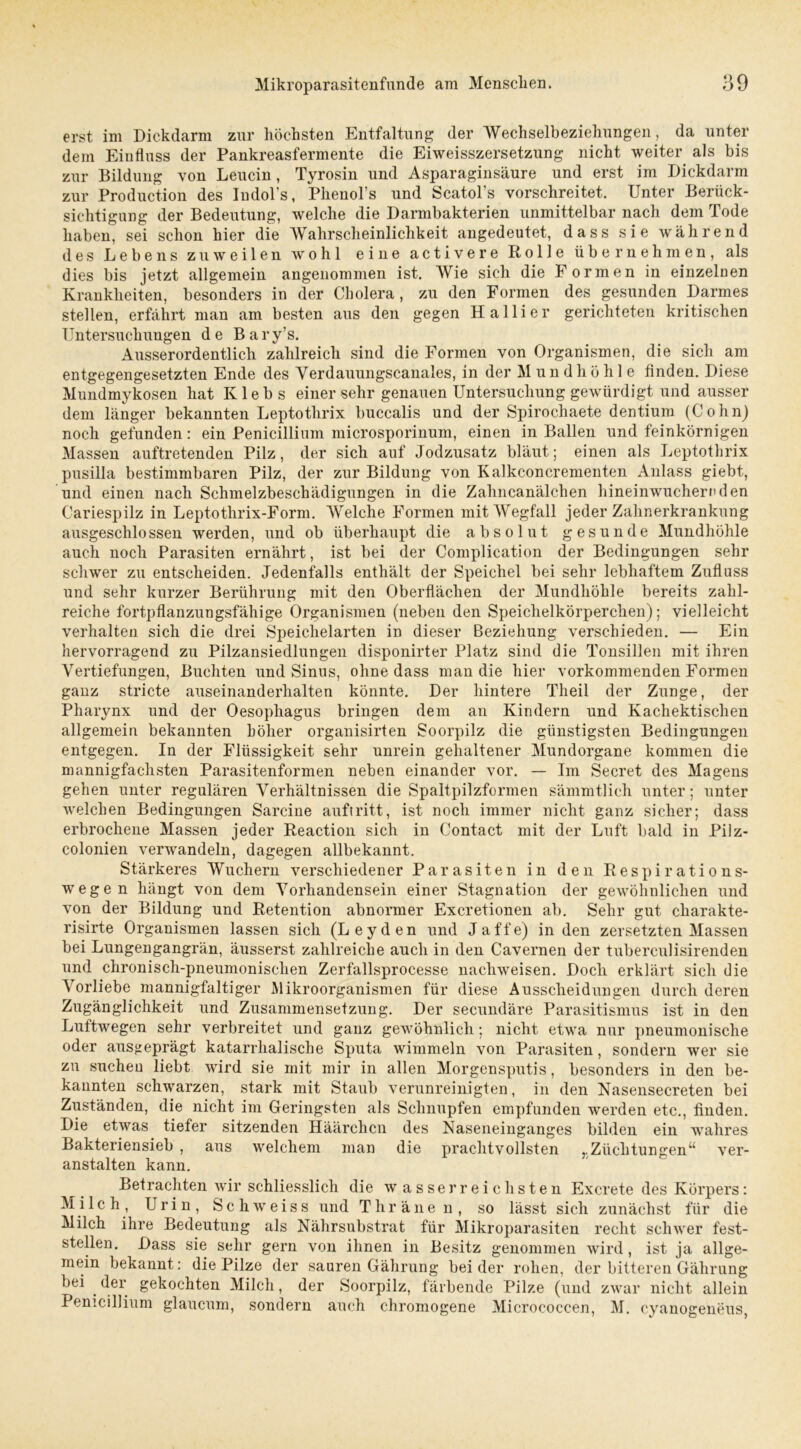 erst im Dickdarm zur höchsten Entfaltung der Wechselbeziehungen, da unter dem Einfluss der Pankreasfermente die Eiweisszersetzung nicht weiter als bis zur Bildung von Leucin, Tyrosin und Asparaginsäure und erst im Dickdarm zur Production des Iudol’s, Phenol’s und Scatol’s vorschreitet. Unter Berück- sichtigung der Bedeutung, welche die Darmbakterien unmittelbar nach dem Tode haben, sei schon hier die Wahrscheinlichkeit angedeutet, dass sie während des Lebens zuweilen wohl eine activere Rolle übernehmen, als dies bis jetzt allgemein angenommen ist. Wie sich die Formen in einzelnen Krankheiten, besonders in der Cholera, zu den Formen des gesunden Darmes stellen, erfährt man am besten aus den gegen Hallier gerichteten kritischen Untersuchungen de Bary’s. Ausserordentlich zahlreich sind die Formen von Organismen, die sich am entgegengesetzten Ende des Verdauungscanales, in der Mundhöhle finden. Diese Mundmykosen hat Klebs einer sehr genauen Untersuchung gewürdigt und ausser dem länger bekannten Leptothrix buccalis und der Spirochaete dentium (Cohn) noch gefunden: ein Penicillium microsporinum, einen in Ballen und feinkörnigen Massen auftretenden Pilz, der sich auf Jodzusatz bläut; einen als Leptothrix pusilla bestimmbaren Pilz, der zur Bildung von Kalkconcrementen Anlass giebt, und einen nach Schmelzbeschädigungen in die Zahncanälchen hineinwuchercden Cariespilz in Leptotlirix-Form. Welche Formen mit Wegfall jeder Zahnerkrankung ausgeschlossen werden, und ob überhaupt die absolut gesunde Mundhöhle auch noch Parasiten ernährt, ist bei der Complication der Bedingungen sehr schwer zu entscheiden. Jedenfalls enthält der Speichel bei sehr lebhaftem Zufluss und sehr kurzer Berührung mit den Oberflächen der Mundhöhle bereits zahl- reiche fortpflanzungsfähige Organismen (neben den Speichelkörperchen); vielleicht verhalten sich die drei Speichelarten in dieser Beziehung verschieden. — Ein hervorragend zu Pilzansiedlungen disponirter Platz sind die Tonsillen mit ihren Vertiefungen, Buchten und Sinus, ohne dass man die hier vorkommenden Formen ganz stricte auseinanderhalten könnte. Der hintere Tlieil der Zunge, der Pharynx und der Oesophagus bringen dem an Kindern und Kachektischen allgemein bekannten höher organisirten Soorpilz die günstigsten Bedingungen entgegen. In der Flüssigkeit sehr unrein gehaltener Mundorgane kommen die mannigfachsten Parasitenformen neben einander vor. — Im Secret des Magens gehen unter regulären Verhältnissen die Spaltpilzformen sämmtlich unter; unter welchen Bedingungen Sarcine auftritt, ist noch immer nicht ganz sicher; dass erbrochene Massen jeder Reaction sich in Contact mit der Luft bald in Pilz- colonien verwandeln, dagegen allbekannt. Stärkeres Wuchern verschiedener Parasiten in den Respirations- wegen hängt von dem Vorhandensein einer Stagnation der gewöhnlichen und von der Bildung und Retention abnormer Excretionen ab. Sehr gut cliarakte- risirte Organismen lassen sich (Leyden und Jaffe) in den zersetzten Massen bei Lungengangrän, äusserst zahlreiche auch in den Cavernen der tuberculisirenden und chronisch-pneumonischen Zerfallsprocesse nachweisen. Doch erklärt sich die Vorliebe mannigfaltiger Mikroorganismen für diese Ausscheidungen durch deren Zugänglichkeit und Zusammensetzung. Der secundäre Parasitismus ist in den Luftwegen sehr verbreitet und ganz gewöhnlich; nicht etwa nur pneumonische oder ausgeprägt katarrhalische Sputa wimmeln von Parasiten, sondern wer sie zu suchen liebt wird sie mit mir in allen Morgensputis, besonders in den be- kannten schwarzen, stark mit Staub verunreinigten, in den Nasensecreten bei Zuständen, die nicht im Geringsten als Schnupfen empfunden werden etc., finden. Die etwas tiefer sitzenden Häärchcn des Naseneinganges bilden ein wahres Bakteriensieb , aus welchem man die prachtvollsten 5,Züchtungen“ ver- anstalten kann. Betrachten wir schliesslich die wasserreichsten Excrete des Körpers: Milch, Urin, Schweiss und Thränen, so lässt sich zunächst für die Milch ihre Bedeutung als Nährsubstrat für Mikroparasiten recht schwer fest- stellen. Dass sie sehr gern von ihnen in Besitz genommen wird, ist ja allge- mein bekannt: die Pilze der sauren Gährung beider rohen, der bitteren Gährung bei . der gekochten Milch, der Soorpilz, färbende Pilze (und zwar nicht allein Penicillium glaucum, sondern auch chromogene Micrococcen, M. cyanogeneus,