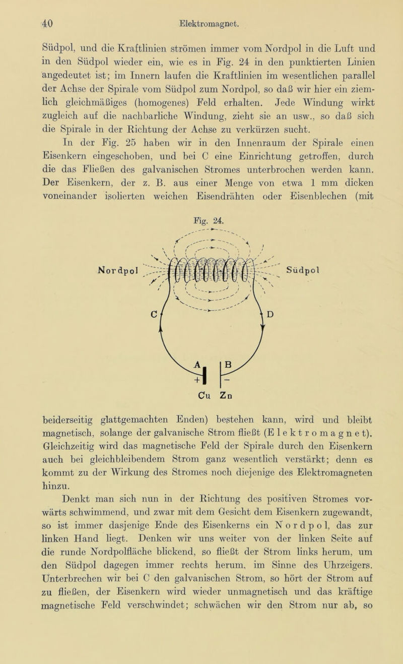 Südpol, und die Kraftlinien strömen immer vom Nordpol in die Luft und in den Südpol wieder ein, wie es in Fig. 24 in den punktierten Linien angedeutet ist; im Innern laufen die Kraftlinien im wesentlichen parallel der Achse der Spirale vom Südpol zum Nordpol, so daß wir hier ein ziem- lich gleichmäßiges (homogenes) Feld erhalten. Jede Windung wirkt zugleich auf die nachbarliche Windung, zieht sie an usw., so daß sich die Spirale in der Richtung der Achse zu verkürzen sucht. In der Fig. 25 haben wir in den Innenraum der Spirale einen Eisenkern eingeschoben, und bei C eine Einrichtung getroffen, durch die das Fließen des galvanischen Stromes unterbrochen werden kann. Der Eisenkern, der z. B. aus einer Menge von etwa 1 mm dicken voneinander isolierten weichen Eisendrähten oder Eisenblechen (mit Fig. 24. beiderseitig glattgemachten Enden) bestehen kann, wird und bleibt magnetisch, solange der galvanische Strom fließt (Elektromagnet). Gleichzeitig wird das magnetische Feld der Spirale durch den Eisenkern auch bei gleichbleibendem Strom ganz wesentlich verstärkt; denn es kommt zu der Wirkung des Stromes noch diejenige des Elektromagneten hinzu. Denkt man sich nun in der Richtung des positiven Stromes vor- wärts schwimmend, und zwar mit dem Gesicht dem Eisenkern zugewandt, so ist immer dasjenige Ende des Eisenkerns ein Nordpol, das zur linken Hand liegt. Denken wir uns weiter von der linken Seite auf die runde Nordpolfläche blickend, so fließt der Strom links herum, um den Südpol dagegen immer rechts herum, im Sinne des Uhrzeigers. Unterbrechen wir bei C den galvanischen Strom, so hört der Strom auf zu fließen, der Eisenkern wird wieder unmagnetisch und das kräftige magnetische Feld verschwindet; schwächen wir den Strom nur ab, so
