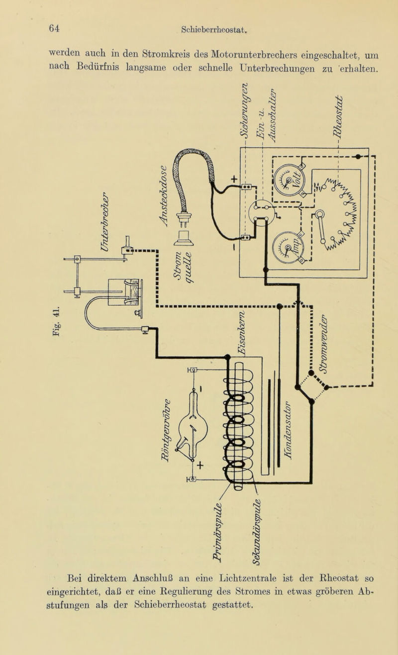 werden auch in den Stromkreis des Motorunterbreckers eingeschaltet, um nach Bedürfnis langsame oder schnelle Unterbrechungen zu erhalten. Bei direktem Anschluß an eine Lichtzentrale ist der Rheostat so eingerichtet, daß er eine Regulierung des Stromes in etwas gröberen Ab- stufungen als der Schieberrheostat gestattet.