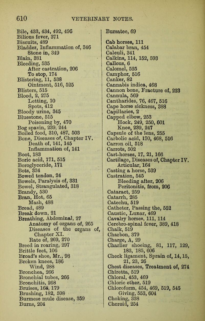 Bile, 433, 484, 492, 490 Bilious fever, 371 Biscuits, 489 Bladder, Inflammation of, 346 Stone in, 349 Blain, 381 Bleeding, 535 After castration, 206 To stop, 174 Blistering, 11, 538 Ointment, 516, 525 Blisters, 515 Blood, 2, 275 Letting, 10 Spots, 412 Bloody urine, 345 Bluestone, 515 Poisoning by, 470 Bog spavin, 239, 244 Boiled food, 310, 487, 503 Bone, Diseases of, Chapter IV. Death of, 141, 145 Inflammation of, 141 Boot, 183 Boric acid, 171, 515 Boroglyceride, 171 Bots, 334 Bowed tendon, 24 Bowels, Paralysis of, 331 Bowel, Strangulated, 318 Brandy, 530 Bran, Hot, 65 Mash, 488 Bread, 489 Break down, 21 Breathing, Abdominal, 27 Anatomy of organs of, 265 Diseases of the organs of, Chapter XI. Rate of, 269, 270 Breed in roaring, 297 Brittle feet, 106 Broad’s shoe, Mr., 98 Broken knees, 186 Wind, 288 Bronchea, 266 Bronchial tubes, 266 Bronchitis, 268 Bruises, 168, 179 Brushing, 182, 598 Burmese mule disease, 359 Burns, 204 Bursatee, 69 Cab horses, 111 Calabar bran, 454 Calculi, 341 Calkins, 114, 152, 593 Callous, 6 Calomel, 525 Camphor, 516 Canker, 82 Cannabis indica, 468 Cannon bone, Fracture of, 223 Cannula, 569 Cantharides, 76, 467, 516 Cape horse sickness, 388 Capillaries, 2 Capped elbow, 253 Hock, 249, 250, 601 Knee, 239, 247 Capsule of the lens, 255 Carbolic acid, 170, 468, 516 Carron oil, 518 Carrots, 502 Cart-horses, 17, 21, 166 Cartilage, Diseases of, Chapter IV. Articular, 164 Casting a horse, 539 Castration, 545 Bleeding after, 206 Peritonitis, from, 206 Cataract, 259 Catarrh, 285 Catechu, 519 Catheter, Passing the, 552 Caustic, Lunar, 469 Cavalry horses, 111, 114 Cerebro-spinal fever, 389, 418 Chalk, 519 Charbon, 379 Charge, A, 29 Charlier shoeing, 81, 117, 129, 183, 185, 606 Check ligament, Sprain of, 14,15, 21, 23, 26 Chest diseases, Treatment of, 274 Chiretta, 519 Chloral, 453, 469 Chloric ether, 519 Chloroform, 454, 469, 519, 545 Giving, 553, 604 Choking, 338 Choroid, 254