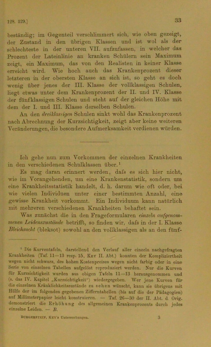 1-28. 129.] beständig; im Gegenteil verschlimmert sich, wie oben gezeigt, der Zustand in den übrigen Klassen und ist wol als der schlechteste in der unteren VII. aufzufassen, in welcher das Prozent der Lateinlinie an kranken Schülern sein Maximum zeigt, ein Maximum, das von den Realisten in keiner Klasse erreicht wird. Wie hoch auch das Krankenprozent dieser letzteren in der obersten Klasse an sich ist, so geht es doch wrenig über jenes der III. Klasse der vollklassigen Schulen, liegt etwas unter dem Krankenprozent der II. und IV. Klasse der fiinfklassigen Schulen und steht auf der gleichen Höhe mit dem der I. und III. Klasse derselben Schulen. An den dreihlassigen Schulen sinkt wohl das Krankenprozent nach Abrechnung der Kurzsichtigkeit, zeigt aber keine weiteren Veränderungen, die besondere Aufmerksamkeit verdienen würden. Ich gehe nun zum Vorkommen der einzelnen Krankheiten in den verschiedenen Schulklassen über.1 Es mag daran erinnert werden, dafs es sich hier nicht, wie im Vorangehenden, um eine Krankenstatistik, sondern um eine Krankheitsstatistik handelt, d. h. darum wie oft oder, bei wie vielen Individuen unter einer bestimmten Anzahl, eine gewisse Krankheit vorkommt. Ein Individuum kann natürlich, mit mehreren verschiedenen Krankheiten behaftet sein. Was zunächst die in den Frageformularen einzeln aufgenoni- menen Leidenszustände betrifft, so finden wir, dafs in der I. Klasse Bleichsucht (bleksot) sowohl an den vollklassigen als an den fünf- 1 Die Kurventafeln, darstellend den Verlauf aller einzeln nachgefragten Krankheiten (Taf. 11—13 resp. 15, Key II. Abt.) konnten der Kompliziertheit wegen nicht schwarz, des hohen Kostenpreises wegen nicht farbig oder in eine Serie von einzelnen Tabellen aufgelöst reproduziert werden. Nur die Kurven für Kurzsichtigkeit wurden aus obigen Tafeln 11—13 herausgenommen und (s. das IV. Kapitel „Kurzsichtigkeit1-) wiedergegeben. Wer jene Kurven für die einzelnen Kränklichkeitszustände zu sehen wünscht, kann sie übrigens mit Hülfe der im folgenden gegebenen Zifferntabellen (bis auf die der Pädagogien) auf Millimeterpapier leicht konstruieren. — Taf. 26—30 der II. Abt. d. Orig, demonstriert die Erhöhung des allgemeinen Krankenprozents durch jedes einzelne Leiden. — B. Borgebstein, Key's Untersuchungen. 3