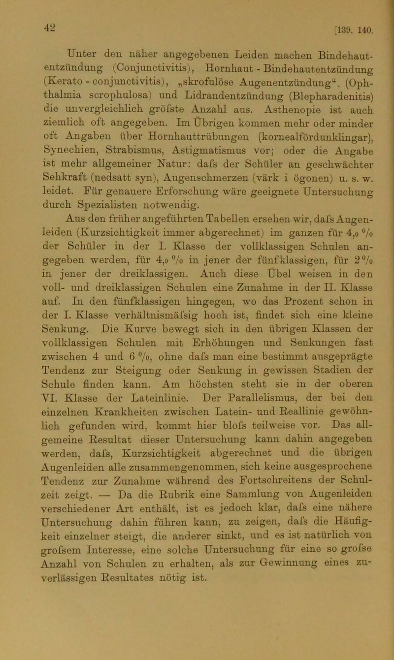 [139. 140. Unter den näher angegebenen Leiden machen Bindehaut- entzündung (Conjunctivitis), Hornhaut - Bindehautentzündung (Kerato - Conjunctivitis), „skrofulöse Augenentzündung“. (Oph- thalmia scrophulosa) und Lidrandentzündung (Blepharadenitis) die unvergleichlich gröbste Anzahl aus. Asthenopie ist auch ziemlich oft angegeben. Im Übrigen kommen mehr oder minder oft Angaben über Hornhauttrübungen (kornealfördunklingar), Synechien, Strabismus, Astigmatismus vor; oder die Angabe ist mehr allgemeiner Natur: dafs der Schüler an geschwächter Sehkraft (nedsatt syn), Augenschmerzen (värk i ögonen) u. s. w. leidet. Für genauere Erforschung wäre geeignete Untersuchung durch Spezialisten notwendig. Aus den früher angeführten Tabellen ersehen wir, dafs Augen- leiden (Kurzsichtigkeit immer abgerechnet) im ganzen für 4,o % der Schüler in der I. Klasse der vollklassigen Schulen an- gegeben werden, für 4,9% in jener der fünfklassigen, für 2% in jener der dreiklassigen. Auch diese Übel weisen in den voll- und dreiklassigen Schulen eine Zunahme in der II. Klasse auf. In den fünfklassigen hingegen, wo das Prozent schon in der I. Klasse verhältnismäfsig hoch ist, findet sich eine kleine Senkung. Die Kurve bewegt sich in den übrigen Klassen der vollklassigen Schulen mit Erhöhungen und Senkungen fast zwischen 4 und 6 %, ohne dafs man eine bestimmt ausgeprägte Tendenz zur Steigung oder Senkung in gewissen Stadien der Schule finden kann. Am höchsten steht sie in der oberen VI. Klasse der Lateinlinie. Der Parallelismus, der bei den einzelnen Krankheiten zwischen Latein- und Keallinie gewöhn- lich gefunden wird, kommt hier blofs teilweise vor. Das all- gemeine Besultat dieser Untersuchung kann dahin angegeben werden, dafs, Kurzsichtigkeit abgerechnet und die übrigen Augenleiden alle zusammengenommen, sich keine ausgesprochene Tendenz zur Zunahme während des Fortsclireitens der Schul- zeit zeigt. — Da die Eubrik eine Sammlung von Augenleiden verschiedener Art enthält, ist es jedoch klar, dafs eine nähere Untersuchung dahin führen kann, zu zeigen, dafs die Häufig- keit einzelner steigt, die anderer sinkt, und es ist natürlich von grofsem Interesse, eine solche Untersuchung für eine so grofse Anzahl von Schulen zu erhalten, als zur Gewinnung eines zu- verlässigen Kesultates nötig ist.