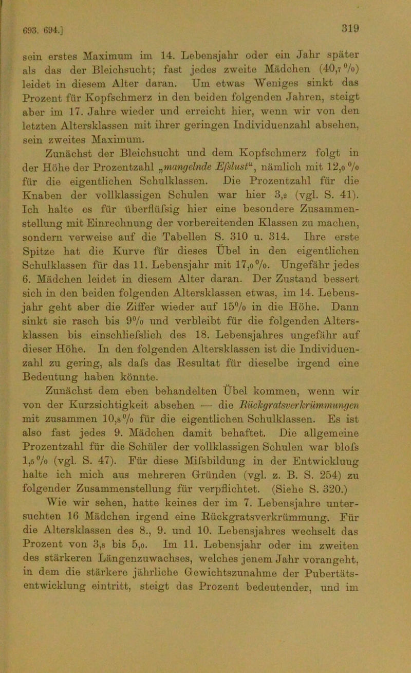 sein erstes Maximum im 14. Lebensjahr oder ein Jahr später als das der Bleichsucht; fast jedes zweite Mädchen (40,7%) leidet in diesem Alter daran. Um etwas Weniges sinkt das Prozent für Kopfschmerz in den beiden folgenden Jahren, steigt aber im 17. Jahre wieder und erreicht hier, wenn wir von den letzten Altersklassen mit ihrer geringen Individuenzahl absehen, sein zweites Maximum. Zunächst der Bleichsucht und dem Kopfschmerz folgt in der Höhe der Prozentzahl „mangelnde Efslusttt, nämlich mit 12,o% für die eigentlichen Schulklassen. Die Prozentzahl für die Knaben der vollklassigen Schulen war hier 3,2 (vgl. S. 41). Ich halte es für iiberflüfsig hier eine besondere Zusammen- stellung mit Einrechnung der vorbereitenden Klassen zu machen, sondern verweise auf die Tabellen S. 310 u. 314. Ihre erste Spitze hat die Kurve für dieses Übel in den eigentlichen Schulklassen für das 11. Lebensjahr mit 17,o°/o. Ungefähr jedes 6. Mädchen leidet in diesem Alter daran. Der Zustand bessert sich in den beiden folgenden Altersklassen etwas, im 14. Lebens- jahr geht aber die Ziffer wieder auf 15% in die Höhe. Dann sinkt sie rasch bis 9% und verbleibt für die folgenden Alters- klassen bis einschliefslich des 18. Lebensjahres ungefähr auf dieser Höhe. In den folgenden Altersklassen ist die Individuen- zahl zu gering, als dafs das Kesultat für dieselbe irgend eine Bedeutung haben könnte. Zunächst dem eben behandelten Übel kommen, wenn wir von der Kurzsichtigkeit absehen — die Rückgratsverkrümmungen mit zusammen 10,8% für die eigentlichen Schulklassen. Es ist also fast jedes 9. Mädchen damit behaftet. Die allgemeine Prozentzahl für die Schüler der vollklassigen Schulen war blofs 1,5% (vgl. S. 47). Für diese Mifsbildung in der Entwicklung halte ich mich aus mehreren Gründen (vgl. z. B. S. 254) zu folgender Zusammenstellung für verpflichtet. (Siehe S. 320.) Wie wir sehen, hatte keines der im 7. Lebensjahre unter- suchten 16 Mädchen irgend eine Kückgratsverkrümmung. Für die Altersklassen des 8., 9. und 10. Lebensjahres wechselt das Prozent von 3,8 bis 5,o. Im 11. Lebensjahr oder im zweiten des stärkeren Längenzuwachses, welches jenem Jahr vorangeht, in dem die stärkere jährliche Gewichtszunahme der Pubertäts- entwicklung eintritt, steigt das Prozent bedeutender, und im