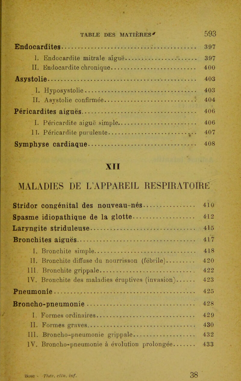 Endocardites 397 I. Endocardite mitrale aiguë 397 II. Endocardite chronique 400 Asystolie 403 1. Hyposystolie 403 II. Aaystolie confirmée 404 Péricardites aiguës 406 I. Péricardite aiguë simple 406 II. Péricardite purulente • 407 Symphyse cardiaque 408 XII MALADIES DE L’APPAREIL RESPIRATOIRE Stridor congénital des nouveau-nés 410 Spasme idiopathique de la glotte 412 Laryngite striduleuse 415 Bronchites aiguës 417 1. Bronchite simple 418 II. Bronchite diffuse du nourrisson (fébrile) 420 III. Bronchite grippale 422 IV. Bronchite des maladies éruptives (invasion) 423 Pneumonie 425 Broncho-pneumonie 428 I. Formes ordinaires 429 II. Formes graves 430 III. Broncho-pneumonie grippale 432 IV. Broncho-pneumonie à évolution prolongée 433 Bose - TMr. clin. inf. 38