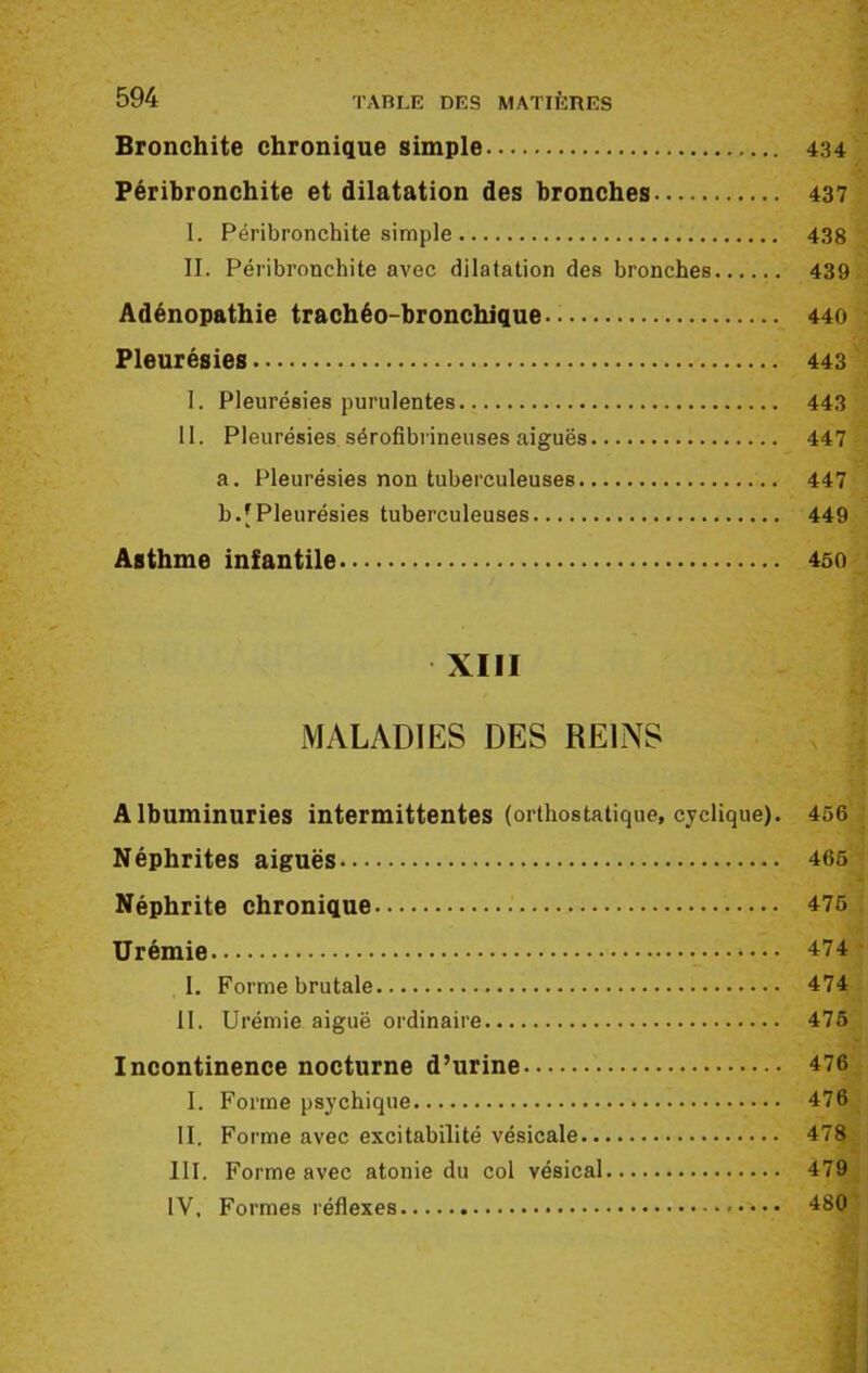 Bronchite chronique simple 434 Péribronchite et dilatation des bronches 437 I. Péribronchite simple 438 II. Péribronchite avec dilatation des bronches 439 Adénopathie trachéo-bronchique 440 Pleurésies 443 1. Pleurésies purulentes 443 11. Pleurésies sérofibrineuses aiguës 447 a. Pleurésies non tuberculeuses 447 b/Pleurésies tuberculeuses 449 Asthme infantile 450 XIII MALADIES DES REIMS Albuminuries intermittentes (orthostatique, cyclique). 456 Néphrites aiguës 465 Néphrite chronique 475 Urémie 474 1. Forme brutale 474 II. Urémie aiguë ordinaire 475 Incontinence nocturne d’urine 476 I. Forme psychique 476 II. Forme avec excitabilité vésicale 478 III. Forme avec atonie du col vésical 479 IV. Formes réflexes 480