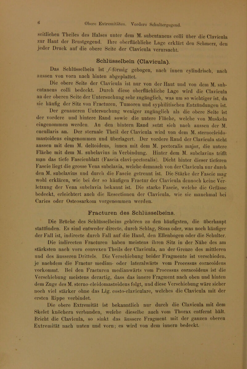 seitlichen Theiles des Halses unter dem M. subcutaneus colli über die Clavicula /.ur Haut der Brustgegend. Ihre oberflächliche Lage erklärt den Schmerz, den jeder Druck auf die obere Seite der Clavicula verursacht. Schlüsselbein (Clavicula). Das Schlüsselbein ist f-förmig gebogen, nach innen cylindrisch, nach aussen von vorn nach hinten abgeplattet. Die obere Seite der Clavicula ist nur von der Haut und von dem M. sub- cutaneus colli bedeckt. Durch diese oberflächliche Lage wird die Clavicula an der oberen Seite der Untersuchung sehr zugänglich, was um so wichtiger ist, da sie häufig der Sitz von Fraeturen, Tumoren und syphilitischen Entzündungen ist. Der genaueren Untersuchung weniger zugänglich als die obere Seite ist der vordere und hintere Rand sowie die untere Fläche, welche von Muskeln eingenommen werden. An den hintern Rand setzt sich nach aussen der M. cucullaris an. Der sternale Theil der Clavicula wird von dem M. sternocleido- mastoideus eingenommen und überlagert. Der vordere Rand der Clavicula steht aussen mit dem M. deltoideus, innen mit dem M. pectoralis major, die untere Fläche mit dem M. subclavius in Verbindung. Hinter dem M. subclavius trifft man das tiefe Fascienblatt (Fascia clavi-pectoralis). Dicht hinter dieser tieferen Fascie liegt die grosse Vena subclavia, welche demnach von der Clavicula nur durch den M. subclavius und durch die Fascie getrennt ist. Die Stärke der Fascie mag wohl erklären, wie bei der so häufigen Fractur der Clavicula dennoch keine Ver- letzung der Vena subclavia bekannt ist. Die starke Fascie, welche die Gefasse bedeckt, erleichtert auch die Resectionen der Clavicula, wie sie manchmal bei Caries oder Osteosarkom vorgenommen werden. Fraeturen des Schlüsselbeins. Die Brüche des Schlüsselbeins gehören zu den häufigsten, die überhaupt stattfinden. Es sind entweder directe, durch Schlag, Stoss oder, was noch häufiger der Fall ist, indirecte durch Fall auf die Hand, den Ellenbogen oder die Schulter. Die indirecten Fraeturen haben meistens ihren Sitz in der Nähe des am stärksten nach vorn convexen Theils der Clavicula, an der Grenze des mittleren und des äusseren Drittels. Die Verschiebung beider Fragmente ist verschieden, je nachdem die Fractur median- oder lateralwärts vom Processus coracoideus vorkommt. Bei den Fraeturen medianwärts vom Processus coracoideus ist. die Verschiebung meistens derartig, dass das innere Fragment nach oben und hinten dem Zuge des M. sterno-cleidomastoideus folgt, und diese Verschiebung wäre sicher noch viel stärker ohne das Lig. costo-claviculare, welches die Clavicula mit der ersten Rippe verbindet. Die obere Extremität ist bekanntlich nur durch die Clavicula mit dem Skelet knöchern verbunden, welche dieselbe auch vom Thorax entfernt hält. Bricht die Clavicula, so sinkt das äussere Fragment mit der ganzen oberen Extremität nach unten und vorn; es wird von dem innern bedeckt.