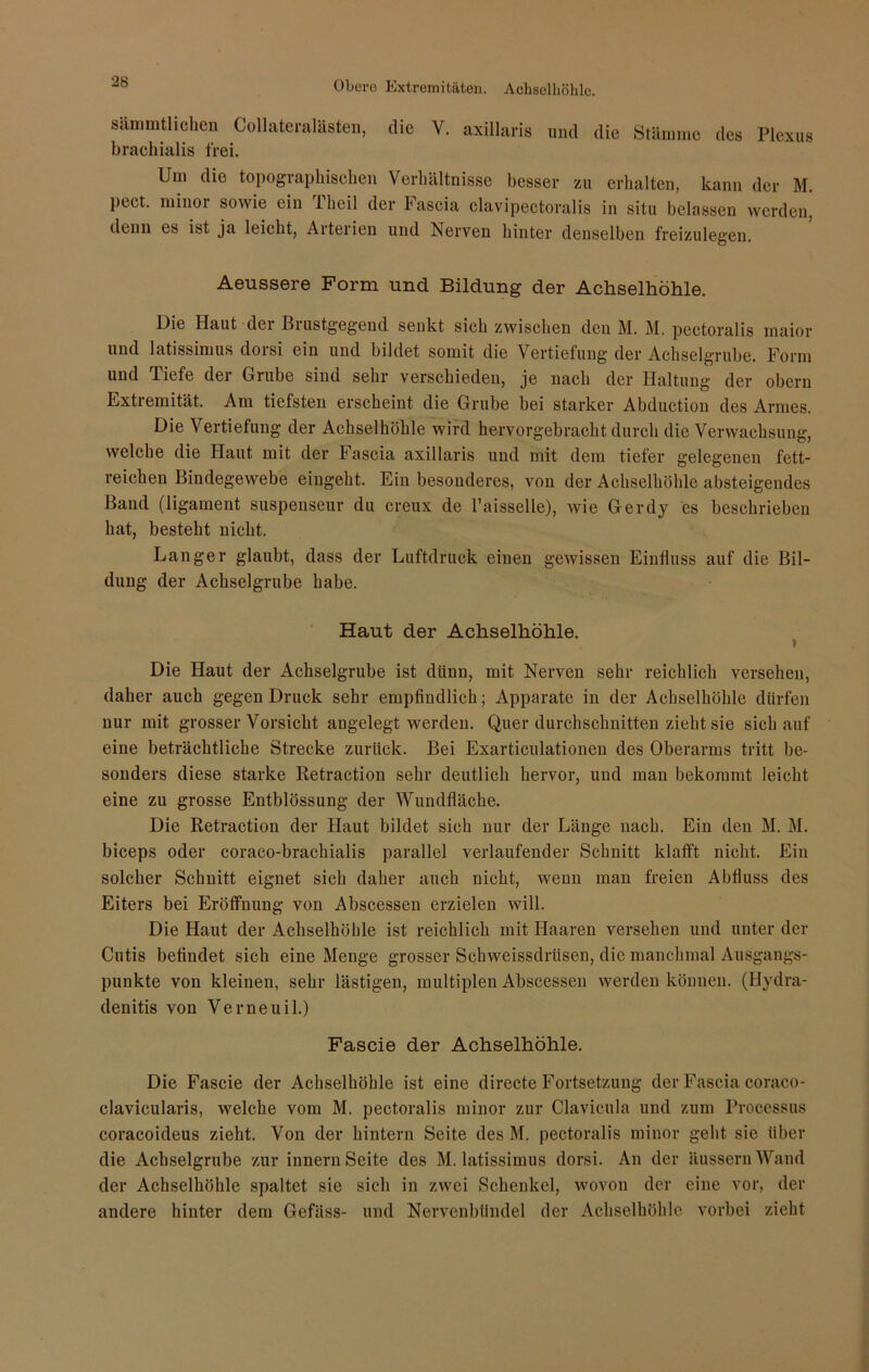 sämmtlichen Collateralästen, brachialis frei. die V. axillaris und die Stämme des Plexus Um die topographischen Verhältnisse besser zu erhalten, kann der M. pect, minor sowie ein iheil der Fascia clavipectoralis in situ belassen werden, denn es ist ja leicht, Arterien und Nerven hinter denselben freizulegen. Aeussere Form und Bildung der Achselhöhle. Die Haut der Brustgegend senkt sich zwischen den M. M. pectoralis inaior und latissimus dorsi ein und bildet somit die Vertiefung der Achselgrube. Form und Tiefe der Grube sind sehr verschieden, je nach der Haltung der obern Extremität. Am tiefsten erscheint die Grube bei starker Abduction des Armes. Die Vertiefung der Achselhöhle wird hervorgebracht durch die Verwachsung, welche die Haut mit der Fascia axillaris und mit dem tiefer gelegenen fett- reichen Bindegewebe eingeht. Ein besonderes, von der Achselhöhle absteigendes Band (ligament suspenseur du creux de l’aisselle), wie Gerdy es beschrieben hat, besteht nicht. Langer glaubt, dass der Luftdruck einen gewissen Einfluss auf die Bil- dung der Achselgrube habe. Haut der Achselhöhle. > Die Haut der Achselgrube ist dünn, mit Nerven sehr reichlich versehen, daher auch gegen Druck sehr empfindlich; Apparate in der Achselhöhle dürfen nur mit grosser Vorsicht angelegt werden. Quer durchschnitten zieht sie sich auf eine beträchtliche Strecke zurück. Bei Exarticulationen des Oberarms tritt be- sonders diese starke Retraction sehr deutlich hervor, und man bekommt leicht eine zu grosse Entblössung der Wundfläche. Die Retraction der Haut bildet sich nur der Länge nach. Ein den M. M. biceps oder coraeo-brachialis parallel verlaufender Schnitt klafft nicht. Ein solcher Schnitt eignet sich daher auch nicht, wenn man freien Abfluss des Eiters bei Eröffnung von Abscessen erzielen will. Die Haut der Achselhöhle ist reichlich mit Haaren versehen und unter der Cutis befindet sich eine Menge grosser Schweissdriisen, die manchmal Ausgangs- punkte von kleinen, sehr lästigen, multiplen Abscessen werden können. (Hydra- denitis von Verneuil.) Fascie der Achselhöhle. Die Fascie der Achselhöhle ist eine directe Fortsetzung der Fascia coraco- clavicularis, welche vom M. pectoralis minor zur Clavicula und zum Processus coracoideus zieht. Von der hintern Seite des M. pectoralis minor geht sie über die Achselgrube zur innern Seite des M. latissimus dorsi. An der äussernWand der Achselhöhle spaltet sie sich in zwei Schenkel, wovon der eine vor, der andere hinter dem Gefäss- und Nervenbündel der Achselhöhle vorbei zieht