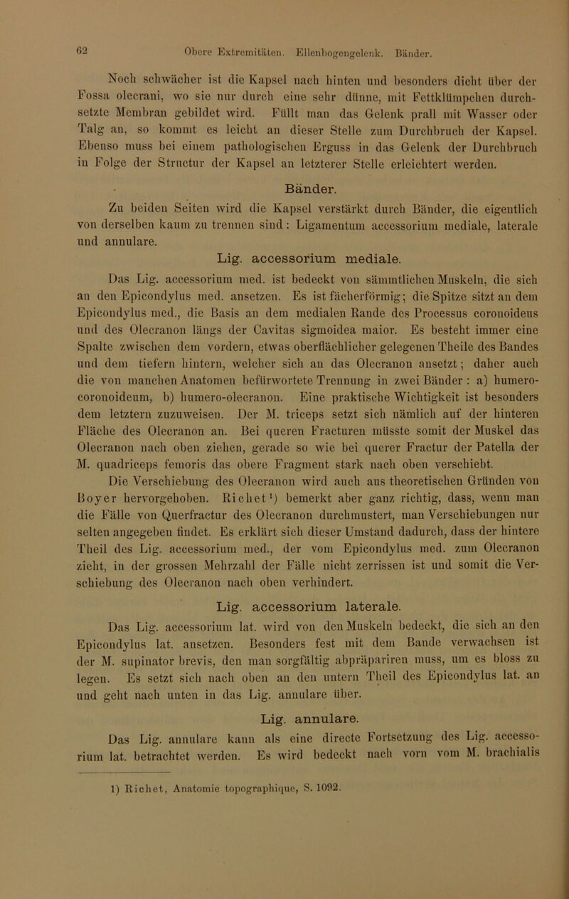 Noch schwächer ist die Kapsel nach hinten und besonders dicht Uber der Fossa olecrani, wo sie nur durch eine sehr dünne, mit Fettkltimpchen durch- setzte Membran gebildet wird. Füllt man das Gelenk prall mit Wasser oder Talg an, so kommt es leicht an dieser Stelle zum Durchbruch der Kapsel. Ebenso muss bei einem pathologischen Erguss in das Gelenk der Durchbruch in Folge der Structur der Kapsel an letzterer Stelle erleichtert werden. Bänder. Zu beiden Seiten wird die Kapsel verstärkt durch Bänder, die eigentlich von derselben kaum zu trennen sind: Ligamentum accessorium mediale, laterale und annulare. Lig. accessorium mediale. Das Lig. accessorium med. ist bedeckt von sämmtlichen Muskeln, die sich an den Epicondylus med. ansetzen. Es ist fächerförmig; die Spitze sitzt an dem Epicoiulylus med., die Basis an dem medialen Rande des Processus coronoideus und des Olecranon längs der Cavitas sigmoidea maior. Es besteht immer eine Spalte zwischen dem vordem, etwas oberflächlicher gelegenen Theile des Bandes und dem tiefem hintern, welcher sich an das Olecranon ansetzt; daher auch die von manchen Anatomen befürwortete Trennung in zwei Bänder : a) humero- coronoideum, b) lnimero-olecranon. Eine praktische Wichtigkeit ist besonders dem letztem zuzuweisen. Der M. triceps setzt sich nämlich auf der hinteren Fläche des Olecranon an. Bei queren Fracturen müsste somit der Muskel das Olecranon nach oben ziehen, gerade so wie bei querer Fractur der Patella der M. quadriceps femoris das obere Fragment stark nach oben verschiebt. Die Verschiebung des Olecranon wird auch aus theoretischen Gründen von Boy er hervorgehoben. Riebet1) bemerkt aber ganz richtig, dass, wenn man die Fälle von Querfractur des Olecranon durchmustert, man Verschiebungen nur selten angegeben findet. Es erklärt sich dieser Umstand dadurch, dass der hiutcre Theil des Lig. accessorium med., der vom Epicondylus med. zum Olecranon zieht, in der grossen Mehrzahl der Fälle nicht zerrissen ist und somit die Ver- schiebung des Olecranon nach oben verhindert. Lig. accessorium laterale. Das Lig. accessorium lat. wird von den Muskeln bedeckt, die sich an den Epicondylus lat. ansetzen. Besonders fest mit dem Bande verwachsen ist der M. Supinator brevis, den man sorgfältig abpräpariren muss, um es bloss zu legen. Es setzt sich nach oben an den untern Theil des Epicondylus lat. an und geht nach unten in das Lig. annulare Uber. Lig. annulare. Das Lig. annulare kann als eine directe Fortsetzung des Lig. accesso- rium lat. betrachtet werden. Es wird bedeckt nach vorn vom M. brachialis 1) Riebet, Anatomie topographique, S. 1092.