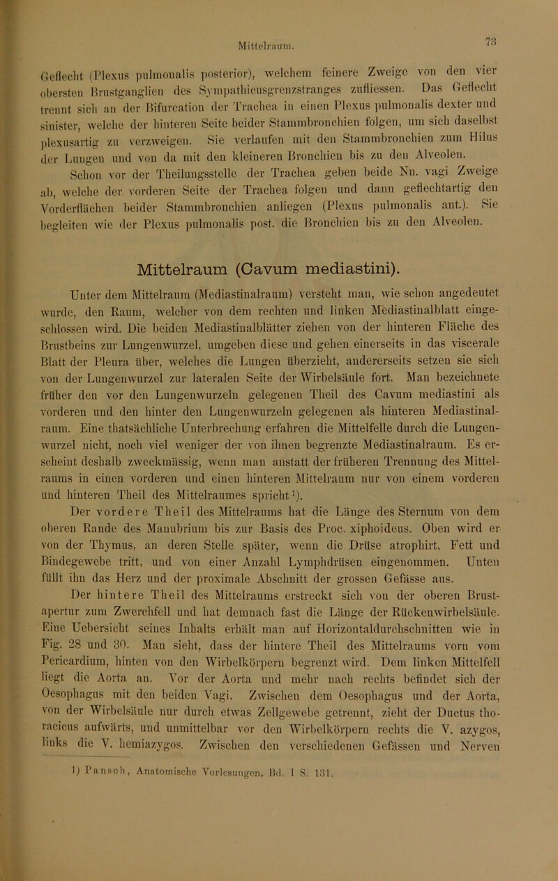 Mittel raum. Geflecht. (Plexus pulmonalis posterior), welchem feinere Zweige von den vier obersten Brustganglien des Sympathicusgrenzstranges zufliessen. Das Geflecht trennt sicli an der Bifurcation der Trachea in einen Plexus pulmonalis dexter und sinister, welche der hinteren Seite beider Stammbronchien folgen, um sich daselbst plexusartig zu verzweigen. Sie verlaufen mit den Stammbronchien zum Hilus der Lungen und von da mit den kleineren Bronchien bis zu den Alveolen. Schon vor der Theilungsstelle der Trachea geben beide Nn. vagi Zweige ab, welche der vorderen Seite der Trachea folgen und dann geflechtartig den Vorderflächen beider Stammbronchien anliegen (Plexus pulmonalis ant.). Sie begleiten wie der Plexus pulmonalis post, die Bronchien bis zu den Alveolen. Mittelraum (Cavum mediastini). Unter dem Mittelraum (Mediastinalraum) versteht man, wie schon angedeutet wurde, den Raum, welcher von dem rechten und linken Mediastinalblatt einge- schlossen wird. Die beiden Mediastinalblätter ziehen von der hinteren Fläche des Brustbeins zur Lungenwurzel, umgeben diese und gehen einerseits in das viscerale Blatt der Pleura Uber, welches die Lungen überzieht, andererseits setzen sie sich von der Lungenwurzel zur lateralen Seite der Wirbelsäule fort. Man bezeichnete früher den vor den Lungenwurzeln gelegenen Theil des Cavum mediastini als vorderen und den hinter den Lungenwurzeln gelegenen als hinteren Mediastinal- raum. Eine thatsächliche Unterbrechung erfahren die Mittelfelle durch die Lungen- wurzel nicht, noch viel weniger der von ihnen begrenzte Mediastinalraum. Es er- scheint deshalb zweckmässig, wenn man anstatt der früheren Trennung des Mittel- raums in einen vorderen und einen hinteren Mittelraum nur von einem vorderen und hinteren Theil des Mittelraumes spricht1). Der vordere Theil des Mittelraums hat die Länge des Sternum von dem oberen Rande des Manubrium bis zur Basis des Proc. xiphoideus. Oben wird er von der Thymus, an deren Stelle später, wenn die Drüse atrophirt, Fett und Bindegewebe tritt, und von einer Anzahl Lymphdrüsen eingenommen. Unten füllt ihn das Herz und der proximale Abschnitt der grossen Gefässe aus. Der hintere Theil des Mittelraums erstreckt sich von der oberen Brust- apertur zum Zwerchfell und hat demnach fast die Länge der Rückenwirbelsäule. Eine Uebersicht seines Inhalts erhält man auf Horizontaldurchschnitten wie in Fig. 28 und 30. Man sieht, dass der hintere Theil des Mittelraums vorn vom Pericardium, hinten von den Wirbelkörpern begrenzt wird. Dem linken Mittelfell liegt die Aorta an. Vor der Aorta und mehr nach rechts befindet sich der Oesophagus mit den beiden Vagi. Zwischen dem Oesophagus und der Aorta, von der Wirbelsäule nur durch etwas Zellgewebe getrennt, zieht der Ductus tho- racicus aufwärts, und unmittelbar vor den Wirbelkörpern rechts die V. azygos, links die V. hemiazygos. Zwischen den verschiedenen Gefässeu und Nerven 1) Pansch, Anatomische Vorlesungen, I3d. I S. 131.