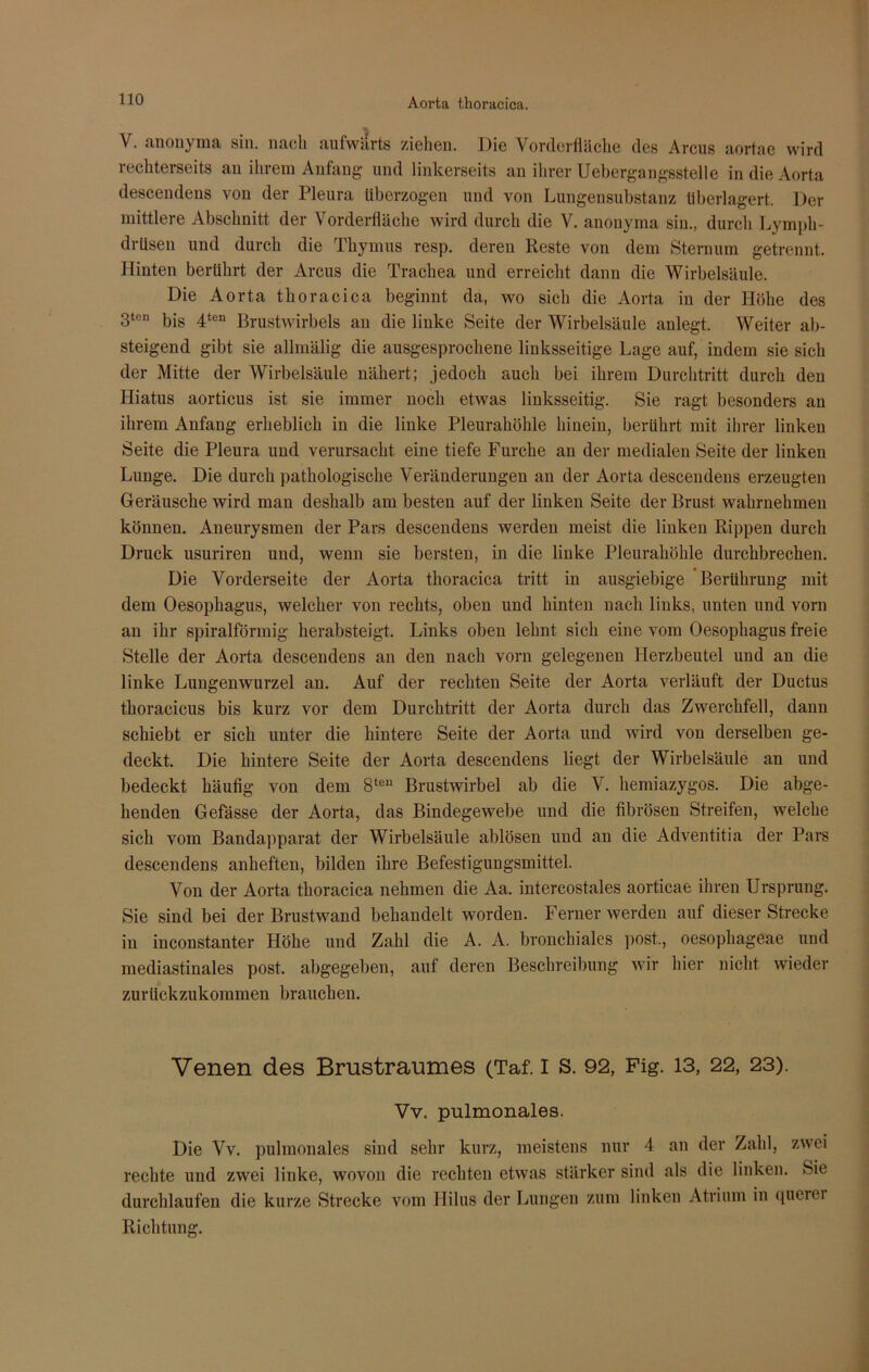 Aorta thoracica. V. anonyma sin. nach aufwärts ziehen. Die Vorderfläche des Arcus aortae wird rechterseits au ihrem Anfang und linkerseits au ihrer Uebergangsstelle in die Aorta descendens von der Pleura überzogen und von Lungensubstanz überlagert. Der mittlere Abschnitt der Vorderfläche wird durch die V. anonyma sin., durch Lympli- drüsen und durch die Thymus resp. deren Reste von dem Sternum getrennt. Hinten berührt der Arcus die Trachea und erreicht dann die Wirbelsäule. Die Aorta thoracica beginnt da, wo sich die Aorta in der Höhe des 3ton bis 4ten Brustwirbels an die linke Seite der Wirbelsäule anlegt. Weiter ab- steigend gibt sie allmälig die ausgesprochene linksseitige Lage auf, indem sie sich der Mitte der Wirbelsäule nähert; jedoch auch bei ihrem Durchtritt durch den Hiatus aorticus ist sie immer noch etwas linksseitig. Sie ragt besonders an ihrem Anfang erheblich in die linke Pleurahöhle hinein, berührt mit ihrer linken Seite die Pleura und verursacht eine tiefe Furche an der medialen Seite der linken Lunge. Die durch pathologische Veränderungen an der Aorta descendens erzeugten Geräusche wird man deshalb am besten auf der linken Seite der Brust wahrnehmen können. Aneurysmen der Pars descendens werden meist die linken Rippen durch Druck usuriren und, wenn sie bersten, in die linke Pleurahöhle durchbrechen. Die Vorderseite der Aorta thoracica tritt in ausgiebige Berührung mit dem Oesophagus, welcher von rechts, oben und hinten nach links, unten und vorn an ihr spiralförmig herabsteigt. Links oben lehnt sich eine vom Oesophagus freie Stelle der Aorta descendens an den nach vorn gelegenen Herzbeutel und an die linke Lungenwurzel an. Auf der rechten Seite der Aorta verläuft der Ductus thoracicus bis kurz vor dem Durchtritt der Aorta durch das Zwerchfell, dann schiebt er sich unter die hintere Seite der Aorta und wird von derselben ge- deckt. Die hintere Seite der Aorta descendens liegt der Wirbelsäule an und bedeckt häufig von dem 8teu Brustwirbel ab die V. hemiazygos. Die abge- henden Gefässe der Aorta, das Bindegewebe und die fibrösen Streifen, welche sich vom Bandapparat der Wirbelsäule ablösen und an die Adventitia der Pars descendens anheften, bilden ihre Befestigungsmittel. Von der Aorta thoracica nehmen die Aa. intercostales aorticae ihren Ursprung. Sie sind bei der Brustwand behandelt worden. Ferner werden auf dieser Strecke in inconstanter Höhe und Zald die A. A. bronchiales post., oesophageae und mediastinales post, abgegeben, auf deren Beschreibung wir hier nicht wieder zurück zukommen brauchen. Venen des Brustraumes (Taf. I s. 92, Fig. 13, 22, 23). Vv. pulmonales. Die Vv. pulmonales sind sehr kurz, meistens nur 4 an der Zahl, zwei rechte und zwei linke, wovon die rechten etwas stärker sind als die linken. Sie durchlaufen die kurze Strecke vom Ililus der Lungen zum linken Atrium in querei Richtung.