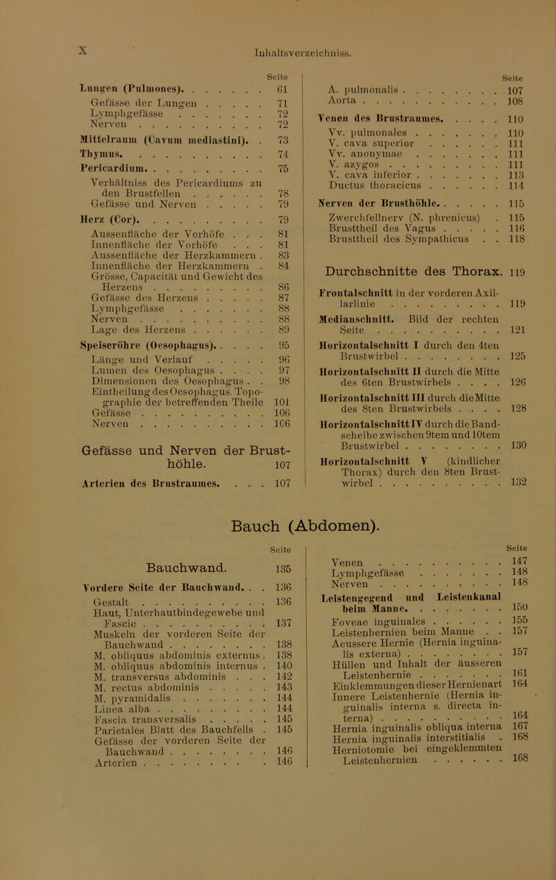 Seite Lungen (Pnlmones) 61 Gefässe der Lungen 71 Lymphgefässe 72 Nerven 72 Mittelraum (Caviim mediastini). . 73 Thymus 74 Pericardium 75 Verhältnis des Pericardiums zu den Brustfellen 78 Gefässe und Nerven 79 Herz (Cor) 79 Aussenfläche der Vorhöfe ... 81 Innenfläche der Vorhöfe ... 81 Aussenfläche der Herzkammern . 83 Innenfläche der Herzkammern . 84 Grösse, Capacität und Gewicht des Herzens 86 Gefässe des Herzens 87 Lymphgefässe 88 Nerven 88 Lage des Herzens 89 Speiseröhre (Oesophagus) 95 Länge und Verlauf 96 Lumen des Oesophagus .... 97 Dimensionen des Oesophagus . . 98 Eintheilung des Oesophagus. Topo- g-raphie der betreffenden Theile 101 Gefässe 106 Nerven 106 Gefässe und Nerven der Brust- höhle. 107 Arterien des Brustraumes. . . . 107 Seite A. pulmonalis 107 Aorta 108 Venen des Brustraumes 110 Vv. pulmonales HO V. cava superior 111 Vv. anonymae 111 V. azygos 111 V. cava inferior 113 Ductus thoracicus 114 Nerven der Brusthöhle 115 Zwerchfellnerv (N. phrenicus) . 115 Brusttheil des Vagus 116 Brusttheil des Sympathicus . . 118 Durchschnitte des Thorax. 119 Frontabschnitt in der vorderen Axil- larlinie >..119 Medianschnitt. Bild der rechten Seite 121 Horizontalschnitt I durch den 4ten Brustwirbel 125 Horizontalschnitt II durch die Mitte des 6ten Brustwirbels .... 126 Horizontalschnitt III durch dieMitte des 8ten Brustwirbels .... 128 Horizontalschnitt IV durch dieBand- scheibe zwischen 9tem und lOtem Brustwirbel 130 Horizontalschnitt V (kindlicher Thorax) durch den 8ten Brust- wirbel 132 Bauch (Abdomen). Seite Bauchwand. 135 Vordere Seite der Bauchwand. . . 136 Gestalt 136 Haut, Unterhautbindegewebe und Fascie 137 Muskeln der vorderen Seite der Bauchwand 138 M. obliquus abdomiuis externus . 138 M. obliquus abdominis internus . 140 M. transversus abdominis . . . 142 M. rectus abdominis 143 M. pyramidalis 144 Linea alba 144 Fascia transversalis 145 Parietales Blatt des Bauchfells . 145 Gefässe der vorderen Seite der Bauchwand 146 Arterien • HO Seite Venen Lymphgefässe Nerven Leistengegend und Leistenkanal heim Manne Foveae inguinales Leistenhernien beim Manne . . Aeussere Hernie (Hernia inguina- lis externa) Hüllen und Inhalt der äusseren Leistenhernie ....... Einklemmungen dieser Hernienart Innere Leistenhernie (Hernia iu- guinalis interna s. directa in- terna) < • • • Hernia inguinalis obliqua interna Hernia inguinalis interstitialis Herniotomie bei eingeklemmten Leistenhernien 147 148 148 150 155 157 157 161 164 164 167 168 168