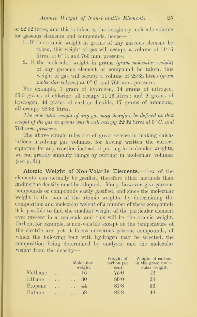 or ‘22’32 litres, and this is taken as the imaginary molecule volume for gaseous elements and compounds, hence— 1. If the atomic weight in grams of any gaseous element be taken, this weight of gas will occupy a volume of ITlb litres, at 0° C. and 760 mm. pressure. 2. If the molecular weight in grains {gram molecular weight) of any gaseous element or compound be taken, this weight of gas will occupy a volume of 22’32 litres {gram molecular volume) at 0° C. and 760 mm. pressure. hor example, 1 gram of hydrogen, 14 grams of nitrogen, 35-0 grams of chlorine, all occupy 11‘16 litres; and 2 grams of hydrogen, 44 grams of carbon dioxide, 17 grams of ammonia, all occupy 22*32 litres. The molecular weight of any gas may therefore he defined as that weight of the gas in grams which will occujry 22*32 litres at 0° C. and 760 mm. pressure. The above simple rules are of great service in making calcu- lations involving gas volumes, for having written the correct equation for any reaction instead of putting in molecular weights, we can greatly simplify things by putting in molecular volumes (see p. 31). Atomic Weight of Non-Volatile Elements.—Few of the elements can actually be gasified, therefore other methods than finding the density must be adopted. Many, however, give gaseous compounds or compounds easily gasified, and since the molecular weight is the sum of the atomic weights, by determining the composition and molecular weight of a number of these compounds it is possible to find the smallest weight of the particular element ever present in a molecule and this will be the atomic weight. Carbon, for example, is non-volatile except at the temperature of the electric arc, yet it forms numerous gaseous compounds, of which the following four with hydrogen may be selected, the composition being determined by analysis, and the molecular weight from the density— Methane Molecular weight. .. 16 Weight of carbon per cent. 75*0 \V’eight of carbon in the gram mole- cular weight. 12 Ethane .. 30 80*0 24 Propane .. 44 81*8 36 Butane . . 58 82*8 48