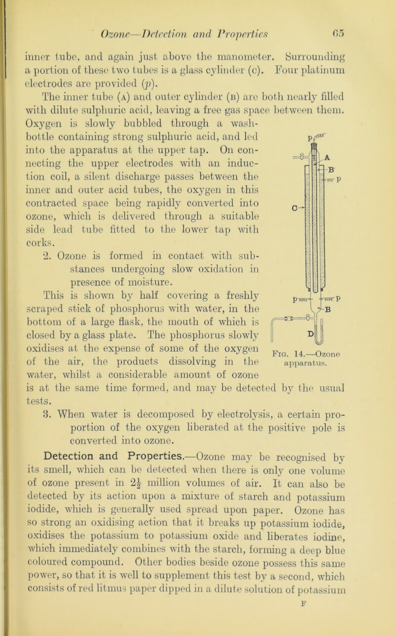 Ozone—Deleriion and Properties r,) p^ir =«=( 4' pTnnnr< i-B B ror P inner lube, and again just above the manometer. Surrounding a portion of these two tubes is a glass cylinder (c). Four platinum electrodes are provided (p). The inner tube (a) and outer cylinder (b) are boUi nearly fdled with dilute sulphuric acid, leaving a free gas space between them. Oxygen is slowly bubbled through a wash- bottle containing strong sulphuric acid, and led into the apparatus at the upper tap. On con- necting the upper electrodes with an induc- tion coil, a silent discharge passes between the inner and outer acid tubes, the oxygen in this contracted space being rapidly converted into ozone, which is dehvered through a suitable side lead tube fitted to the lower tap with corks. *2. Ozone is formed in contact with sub- stances undergoing slow oxidation in presence of moisture. This is shown by half covering a freshly scraped stick of phosphorus with water, in the bottom of a large flask, the mouth of which is closed by a glass plate. The phosphorus slowly oxidises at the expense of some of the oxygen of the air, the products dissolving in the water, whilst a considerable amount of ozone is at the same time formed, and may be detected bj the usual tests. 3. When water is decomposed by electrolysis, a certain pro- portion of the oxygen liberated at the positive pole is converted into ozone. Fig. 14.—Ozono apparatus. Detection and Properties.—Ozone may be recognised by its smell, which can be detected when there is only one volume of ozone present in 2|- million volumes of air. It can also be detected by its action upon a mixture of starch and potassium iodide, which is generally used spread upon paper. Ozone has so strong an oxidising action that it breaks up potassium iodide, oxidises the potassium to potassium oxide and liberates iodine, which immediately combines with the starch, forming a deep blue coloured compomid. Other bodies beside ozone possess this same power, so that it is well to supplement this test by a second, which consists of red litmus paper dipped in a dilute solution of potassium F