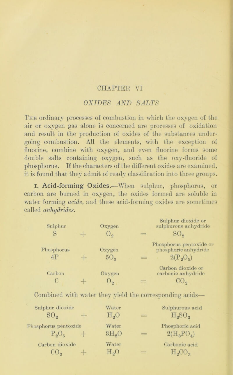OXIDES AND SALTS The ordinary processes of combiistion in which the oxygen of tlie air or oxygen gas alone is concerned are processes of oxidation and result in the production of oxides of the substances imder- going combustion. All the elements, with the exception of fluorine, combine with oxygen, and even fluorine forms some double salts containing oxygen, such as the oxy-fluoride of phosphorus. If the characters of the different oxides are exammed, it is found that they admit of ready classification into three groups. I. Acid-forming’ Oxides.—When sulphur, phosphorus, or carbon are burned in oxygen, the oxides formed are soluble in water forming acids, and these acid-forming oxides are sometimes called anhydrides. Sul])lmr B -h Oxypjen O2 Sidphur dioxide or sulphurous aiihvdrido SO2 PJiospliorus 4P -1- Oxv^cn 5O2 Phosphorus jjentoxide or ]diosphoric anhydride 2(P20,)‘ Caj'bon c J- 1 Oxj'^gen Oo Carbon dioxide or carbonic anhydride = CO2 Combined with walor Ihey yield the corresponding acids— Sulphur dioxide SO2 + Water H2O Sulphurous acid H2SO3 Pliosphorua pentoxide P2O, + Water 8H2O Phosphoric acid ^(H^PO^) Carbon dioxide CO2 j- 1 Water H2O Carbonic acid = H2CO3