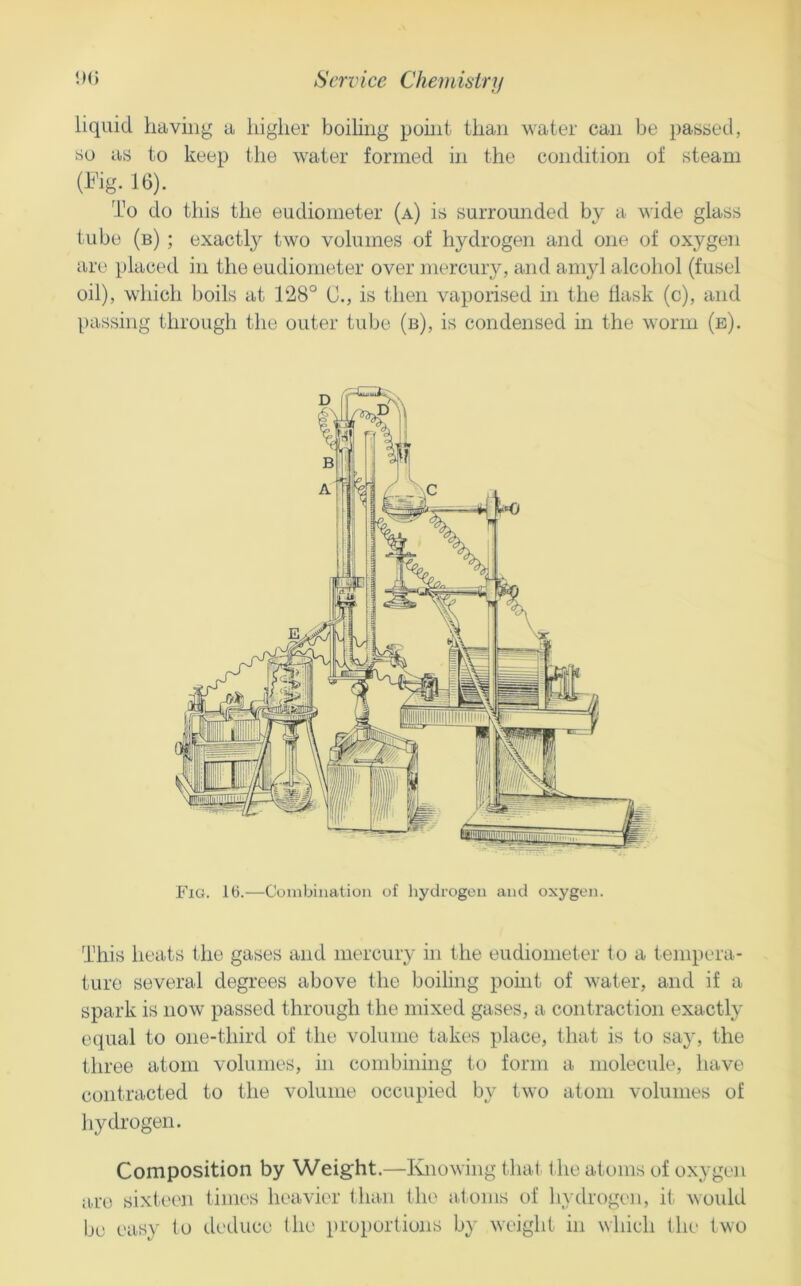 liquid having a higher boiling pouit than water can be passed, so as to keep the water formed in the condition of steam (hig. 16). To do this the eudiometer (a) is surrounded by a wide glass tube (b) ; exactly two volumes of hydrogen and one of oxygen are placed in the eudiometer over mercury, and amyl alcohol (fusel oil), which boils at T28° C., is then vaporised in the tlask (c), and passing through the outer tube (b), is condensed in the worm (e). Fig. 16.—Conibiiiation of hych’ogoii and oxygen. This heats the gases and mercury in the eudiometer to a tempera- ture several degrees above the boiling point of water, and if a spark is now passed through the mixed gases, a contraction exactly equal to one-third of the volume takes place, that is to say, the three atom volumes, in combining to form a molecule, have contracted to the volume occupied by two atom volumes of hydrogen. Composition by Weight.—Ivnowing that (he atoms of oxygen a.re sixteen times heavier (haii the atoms of liydrogen, it would be easy to deduce (he proportions by weight in which the two