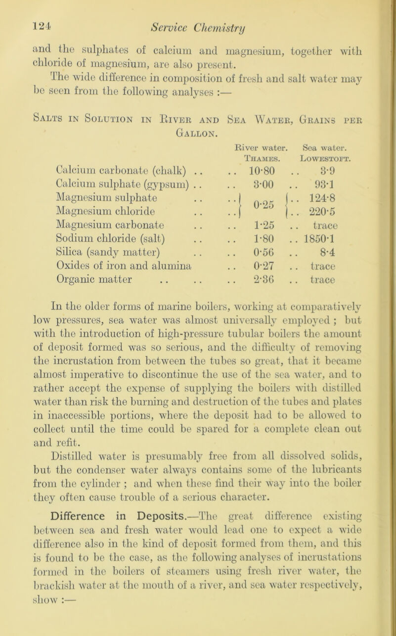 and the sulphates of calcium and magnesium, together with chloride of magnesium, are also present. The wide difference in composition of fresh and salt water may bo seen from the following analyses :— Salts in Solution in Eiver and Sea Water, Grains per Gallon. Calcium carbonate (chalk) . Calcium sulphate (gypsum) . Magnesium sulphate Magnesium chloride Magnesium carbonate Sodium chloride (salt) Silica (sandy matter) Oxides of iron and alumina Organic matter River water. Thames. 10-80 3-00 1- 25 1-80 0-56 0-27 2- 36 Sea water. Lowestoft. 3-9 93-1 124-8 220-5 trace 1850-1 8-4 trace trace In the older forms of marine boilers, working at comparatively low pressures, sea water was almost universally employed ; but with the introduction of high-pressure tubular boilers the amount of deposit formed was so serious, and the difficulty of removing the incrustation from between the tubes so great, that it became almost imperative to discontinue the use of the sea water, and to rattier accept the expense of supplying the boilers with distilled water than risk the burning and destruction of the tubes and plates in inaccessible portions, where the deposit had to be allowed to collect until the time could be spared for a complete clean out and refit. Distilled water is presumably free from all dissolved sohds, but the condenser water always contains some of the lubricants from the cylinder ; and when these find their way into the boiler they often cause trouble of a serious character. Difference in Deposits.—The great difference existing between sea and fresh water would lead one to expect a wide difference also in the kind of deposit formed from them, and this is found to be the case, as the following analyses of incrustations formed in tlio boilers of steamers using fresh river water, the brackish water at the mouth of a river, and sea water respectively. show :—