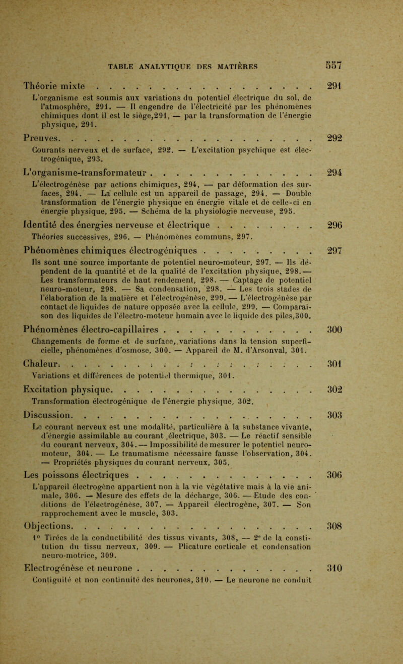 Théorie mixte . . . 291 L’organisme est soumis aux variations du potentiel électrique du sol. de l’atmosphère, 291. — Il engendre de l’électricité par les phénomènes chimiques dont il est le siôge,291, — par la transformation de l’énergie physique, 291. Preuves 292 Courants nerv^eux et de surface, 292. — L’excitation psychique est élec- trogénique, 293. L’organisme-transformateur 294 L’électrogénèse par actions chimiques, 294, — par déformation des sur- faces, 294. — La* cellule est un appareil de passage, 294. — Double transformation de l’énergie physique en énergie vitale et de celle-ci en énergie physique, 295. — Schéma de la physiologie nerveuse, 295. Identité des énerg'ies nerveuse et électrique 296 Théories successives, 296. — Phénomènes communs, 297. Phénomènes chimiques électrogéniques 297 Ils sont une source importante de potentiel neuro-moteur, 297. — Ils dé- pendent de la quantité et de la qualité de l’excitation physique, 298.— Les transformateurs de haut rendement, 298. — Captage de potentiel neuro-moteur, 298. — Sa condensation, '298. — Les trois stades de l’élaboration de la matière et l’électrogénèse, 299. — L’électrogénèse par contact de liquides de nature opposée avec la cellule, 299. — Comparai- son des liquides de l’électro-moteur humain avec le liquide des piles,300. Phénomènes électro-capillaires 300 Changements de forme et de surface,.variations dans la tension superfi- cielle, phénomènes d’osmose, 300. — Appareil de M. d’Arsonval, 301. Chaleur. 301 Variations et différences de potentiel thermique, 301. Excitation physique 302 Transformation électrogénique de l’énergie physique, 302. Discussion 303 Le courant nerveux est une modalité, particulière à la substance vivante, d’énergie assimilable au courant .électrique, 303. —Le réactif sensible du courant nerveux, 304. — Impossibilité de mesurer le potentiel neuro- moteur, 304. — Le traumatisme nécessaire fausse l’observation, 304. — Propriétés physiques du courant nerveux, 305. Les poissons électriques 306 L’appareil électrogène appartient non à la vie végétative mais à la vie ani- male, 306. — Mesure des effets de la décharge, 306. —Etude des con- ditions de l’électrogénèse, 307. — Appareil électrogène, 307. — Son rapprochement avec le muscle, 303. Objections 308 Tirées de la conductibilité des tissus vivants, 308, — 2 de la consti- tution du tissu nerveux, 309. — Plicature corticale et condensation neuro-motrice, 309. Electrogénèse et neurone 310 Gontiguilé et non continuité des neurones, 310. — Le neurone ne conduit