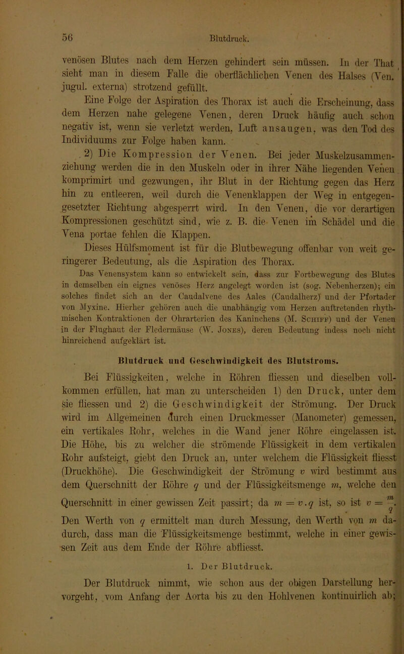 venösen Blutes nach dem Herzen gehindert sein müssen. In der That sieht man in diesem Falle die oberflächlichen Venen des Halses (Ven. ' jugul. externa) strotzend gefüllt. Eine folge der Aspiration des Thorax ist auch die Erscheinung, dass dem Herzen nahe gelegene Venen, deren Druck häutig auch schon negativ ist, wenn sie verletzt werden, Luft ansaugen, was den Tod des Individuums zur Folge haben kann. 2) Die Kompression der Venen. Bei jeder Muskelzusammen- ziehung werden die in den Muskeln oder in ihrer Nähe liegenden Venen komprimirt und gezwungen, ihr Blut in der Richtung- gegen das Herz hin zu entleeren, weil durch die Venenklappen der Weg in entgegen- gesetzter Richtung abgesperrt wird. In den Venen, die vor derartigen Kompressionen geschützt sind, wie z. B. die Venen im Schädel und die Vena portae fehlen die Klappen. Dieses Hülfsmoment ist für die Blutbewegung offenbar von weit ge- ringerer Bedeutung, als die Aspiration des Thorax. Das Venensystem kann so entwickelt sein, dass zur Fortbewegung des Blutes in demselben ein eignes venöses Herz angelegt worden ist (sog. Nebenherzen); ein solches findet sich an der Caudalvene des Aales (CaudalherzJ und der Pfortader von Myxine. Hierher gehören auch die unabhängig vom Herzen auftretenden rhyth- mischen Kontraktionen der Ohrarterien des Kaninchens (M. Schiff) und der Venen in der Flughaut der Fledermäuse (W. Jones), deren Bedeutung indess noch nicht hinreichend aufgeklärt ist. Blutdruck und Geschwindigkeit des Blutstroius. Bei Flüssigkeiten, welche in Röhren fliessen und dieselben voll- kommen erfüllen, hat man zu unterscheiden 1) den Druck, unter dem sie fliessen und 2) die Geschwindigkeit der Strömung. Der Druck wird im Allgemeinen durch einen Druckmesser (Manometer) gemessen, ein vertikales Rohr, welches in die Wand jener Röhre eingelassen ist. Die Höhe, bis zu welcher die strömende Flüssigkeit in dem vertikalen Rohr aufsteigt, giebt den Druck an, unter welchem die Flüssigkeit fliesst (Druckhöhe). Die Geschwindigkeit der Strömung v wird bestimmt aus dem Querschnitt der Röhre q und der Flüssigkeitsmenge in, welche den Querschnitt in einer gewissen Zeit passirt; da in =v.q ist, so ist v = Den Werth von q ermittelt man durch Messung, den Werth von in da- durch, dass man die 'Flüssigkeitsmenge bestimmt, welche in einer gewis- sen Zeit aus dem Ende der Röhre abtiiesst. 1. Der Blutdruck. Der Blutdruck nimmt, wie schon aus der obigen Darstellung her- vorgeht, vom Anfang der Aorta bis zu den Holdvenen kontinuirlich ab;