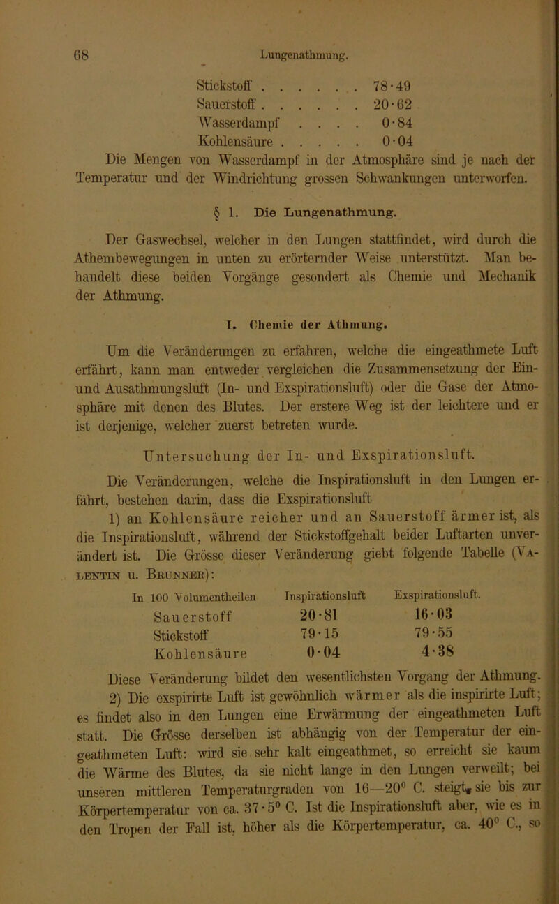 Stickstoff 78-49 Sauerstoff 20-62 Wasserdampf .... 0-84 Kohlensäure 0-04 Die Mengen von Wasserdampf in der Atmosphäre sind je nach der Temperatur und der Windrichtung grossen Schwankungen unterworfen. § 1. Die Lungenathmung. Der Gaswechsel, welcher in den Lungen stattfindet, wird durch die Athembewegimgen in unten zu erörternder Weise unterstützt. Man be- handelt diese beiden Vorgänge gesondert als Chemie und Mechanik der Athmung. I. Chemie (1er Athmung. Um die Veränderungen zu erfahren, welche die eingeathmete Luft erfährt, kann man entweder vergleichen die Zusammensetzung der Ein- und Ausathmungsluft (In- und Exspirationsluft) oder die Gase der Atmo- sphäre mit denen des Blutes. Der erstere Weg ist der leichtere und er ist derjenige, welcher zuerst betreten wurde. Untersuchung der In- und Exspirationsluft. Die Veränderungen, welche die Inspirationsluft in den Lungen er- fährt, bestehen darin, dass die Exspirationsluft 1) an Kohlensäure reicher und an Sauerstoff ärmer ist, als die Inspirationsluft, während der Stickstoffgehalt beider Luftarten unver- ändert ist. Die Grösse dieser Veränderung giebt folgende Tabelle (Va- lentin u. Brunner): In 100 Volumentheilen Inspirationsluft Exspirationsluft. Sauerstoff 20-81 16-03 Stickstoff' 79-15 79-55 Kohlensäure 0-04 4-38 Diese Veränderung bildet den wesentlichsten Vorgang der Athmung. 2) Die exspirirte Luft ist gewöhnlich wärmer als die inspirirte Luft; es findet also in den Lungen eine Erwärmung der eingeathmeten Luft statt. Die Grösse derselben ist abhängig von der Temperatur der ein- j geathmeten Luft: wird sie sehr kalt eingeathmet, so erreicht sie kaum die Wärme des Blutes, da sie nicht lange in den Lungen verweilt; bei unseren mittleren Temperaturgraden von 16—20° C. steigt, sie bis zur Körpertemperatur von ca. 37 • 5° C. Ist die Inspirationsluft aber, wie es in ) den Tropen der Fall ist, höher als die Körpertemperatur, ca. 40° C., so