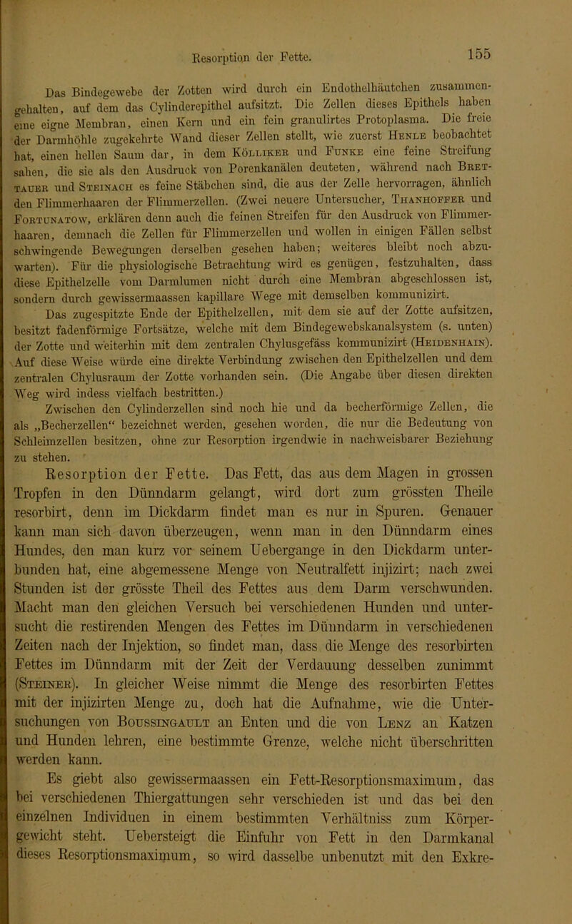 Resorption dev Fette. Das Bindegewebe der Zotten wird durch ein Endothelhäutchen zutsaminen- gehalten, auf dem das Cylinderepithel aufsitzt. Die Zellen dieses Epithels haben eine eigne Membran, einen Kern und ein fein granulirtes Protoplasma. Die freie der Darmhöhle zugekehrte Wand dieser Zellen stellt, wie zuerst Hehle beobachtet hat, einen hellen Saum dar, in dem Kölliker und Funke eine feine Streifung sahen, die sie als den Ausdruck von Porenkanälen deuteten, während nach Bret- tauer und Steinach es feine Stäbchen sind, die aus der Zelle hervorragen, ähnlich den Flimmerhaaren der Flimmerzellen. (Zwei neuere Untersucher, Thanhoffer und Fortunatow, erklären denn auch die feinen Streifen für den Ausdruck von Flimmer- haaren, demnach die Zellen für Flimmerzellen und wollen in einigen Fällen selbst schwingende Bewegungen derselben gesehen haben; weiteres bleibt noch abzu- warten). Bur die physiologische Betrachtung wird es genügen, festzuhalten, dass diese Epithelzelle vom Darmlumen nicht durch eine Membran abgeschlossen ist, sondern durch gewissermaassen kapillare Wege mit demselben kommunizirt. Das zugespitzte Ende der Epithelzellen, mit dem sie auf der Zotte aufsitzen, besitzt fadenförmige Fortsätze, welche mit dem Bindegewebskanals)rstem (s. unten) der Zotte und weiterhin mit dem zentralen Chylusgefäss kommunizirt (Heidenhain). Auf diese Weise würde eine direkte Verbindung zwischen den Epithelzellen und dem zentralen Chylusraum der Zotte vorhanden sein. (Die Angabe über diesen direkten Weg wird indess vielfach bestritten.) Zwischen den Cylinderzellen sind noch hie und da becherförmige Zellen, die als „Becherzellen“ bezeichnet werden, gesehen worden, die nur die Bedeutung von Schleimzellen besitzen, ohne zur Resorption irgendwie in nachweisbarer Beziehung zu stehen. Resorption der Fette. Das Fett, das aus dem Magen in grossen Tropfen in den Dünndarm gelangt, wird dort zum grössten Tlieile resorbirt, denn im Dickdarm findet man es nur in Spuren. Genauer kann man sieb davon überzeugen, wenn man in den Dünndarm eines Hundes, den man kurz vor seinem Uebergange in den Dickdarm unter- bunden hat, eine abgemessene Menge von Neutralfett injizirt; nach zwei Stunden ist der grösste Theil des Fettes aus dem Darm verschwunden. Macht man den gleichen Versuch bei verschiedenen Hunden und unter- sucht die restirenden Mengen des Fettes im Dünndarm in verschiedenen Zeiten nach der Injektion, so findet man, dass die Menge des resorbirten Fettes im Dünndarm mit der Zeit der Verdauung desselben zunimmt (Steiner). In gleicher Weise nimmt die Menge des resorbirten Fettes mit der injizirten Menge zu, doch hat die Aufnahme, wie die Unter- suchungen von Boussingatjlt an Enten und die von Lenz an Katzen und Hunden lehren, eine bestimmte Grenze, welche nicht überschritten werden kann. Es giebt also gewissermaassen ein Fett-Resorptionsmaximum, das bei verschiedenen Thiergattnngen sehr verschieden ist und das bei den einzelnen Individuen in einem bestimmten Verhältniss zum Körper- gewicht steht. Uebersteigt die Einfuhr von Fett in den Darmkanal dieses Resorptionsmaximum, so wird dasselbe unbenutzt mit den Exkre-