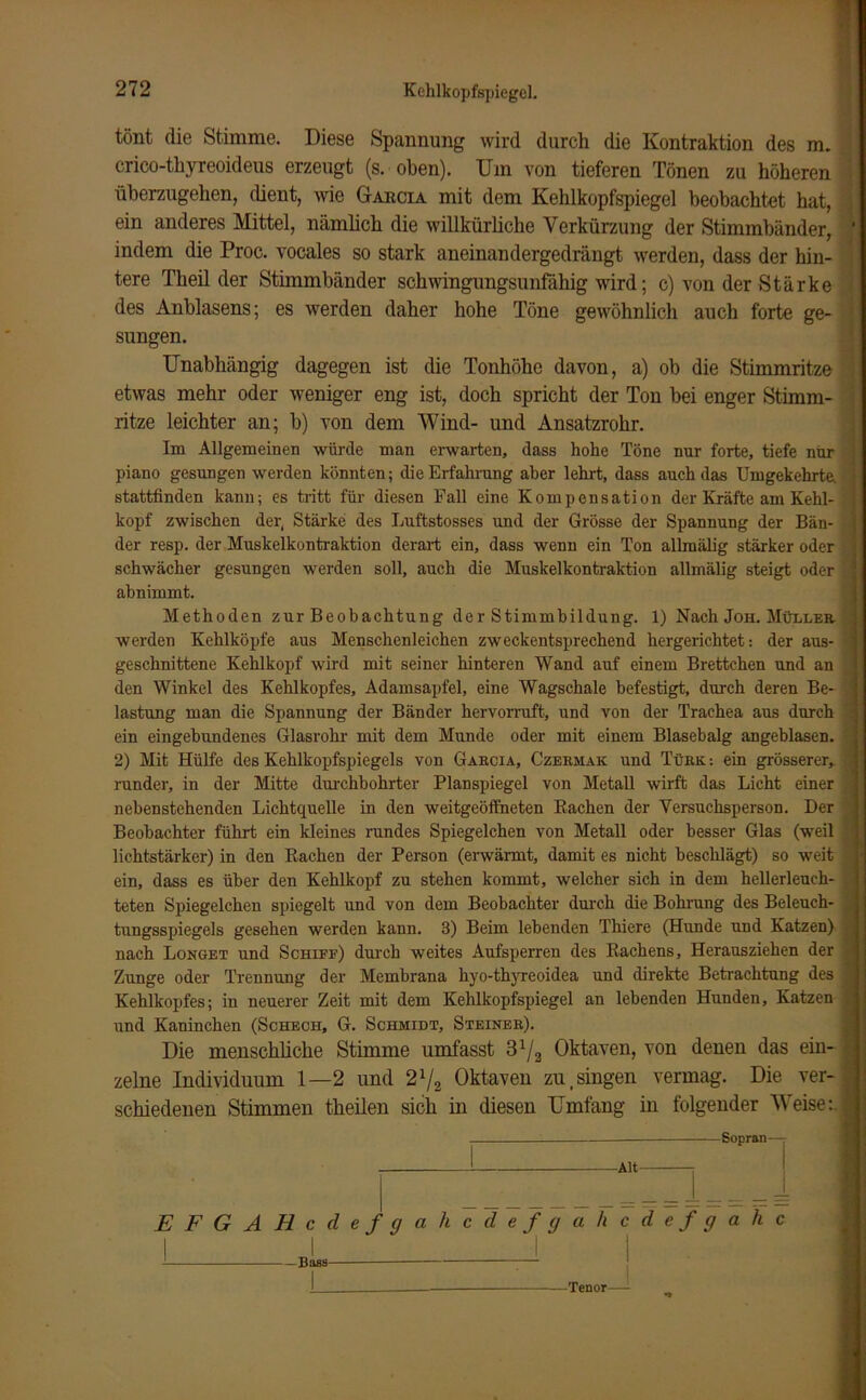 Kehlkopfspiegel. tönt die Stimme. Diese Spannung wird durch die Kontraktion des m. crico-thyreoideus erzeugt (s. oben). Um von tieferen Tönen zu höheren überzugehen, dient, wie Gakcia mit dem Kehlkopfspiegel beobachtet hat, ein anderes Mittel, nämlich die willkürliche Verkürzung der Stimmbänder, ‘ indem die Proc. vocales so stark aneinandergedrängt werden, dass der hin- tere Theil der Stimmbänder schwingungsunfähig wird; c) von der Stärke des Anblasens; es werden daher hohe Töne gewöhnlich auch forte ge- sungen. Unabhängig dagegen ist die Tonhöhe davon, a) ob die Stimmritze etwas mehr oder weniger eng ist, doch spricht der Ton bei enger Stimm- ritze leichter an; b) von dem Wind- und Ansatzrohr. Im Allgemeinen würde man erwarten, dass hohe Töne nur forte, tiefe nur piano gesungen werden könnten; die Erfahrung aber lehrt, dass auch das Umgekehrte, \ stattfinden kann; es tritt für diesen Fall eine Kompensation der Kräfte am Kehl- j köpf zwischen der Stärke des Luftstosses und der Grösse der Spannung der Bän- der resp. der Muskelkontraktion derart ein, dass wenn ein Ton allmälig stärker oder schwächer gesungen werden soll, auch die Muskelkontraktion allmälig steigt oder | abnimmt. Methoden zur Beobachtung der Stimmbildung. 1) Nach Joh. Müller, j werden Kehlköpfe aus Menschenleichen zweckentsprechend hergerichtet: der aus- ; geschnittene Kehlkopf wird mit seiner hinteren Wand auf einem Brettchen und an den Winkel des Kehlkopfes, Adamsapfel, eine Wagschale befestigt, durch deren Be- -j lastung man die Spannung der Bänder hervorruft, und von der Trachea aus durch : ein eingebundenes Glasrohr mit dem Munde oder mit einem Blasebalg angeblasen. 2) Mit Hülfe des Kehlkopfspiegels von Gakcia, Czeemak und Türk : ein grösserer, runder, in der Mitte durchbohrter Planspiegel von Metall wirft das Licht einer •] nebenstehenden Lichtquelle in den weitgeöffneten Bachen der Versuchsperson. Der : Beobachter führt ein kleines rundes Spiegelchen von Metall oder besser Glas (weil | lichtstärker) in den Rachen der Person (erwärmt, damit es nicht beschlägt) so weit ein, dass es über den Kehlkopf zu stehen kommt, welcher sich in dem hellerleuch- ^ teten Spiegelchen spiegelt und von dem Beobachter durch die Bohrung des Beleuch- tungsspiegels gesehen werden kann. 3) Beim lebenden Thiere (Hunde und Katzen) , nach Longet und Schief) durch weites Aufsperren des Rachens, Herausziehen der y Zunge oder Trennung der Membrana hyo-thyreoidea und direkte Betrachtung des | Kehlkopfes; in neuerer Zeit mit dem Kehlkopfspiegel an lebenden Hunden, Katzen und Kaninchen (Schech, G. Schmidt, Steinek). Die menschliche Stimme umfasst Slj2 Oktaven, von denen das ein- * zelne Individuum 1—2 und 21/2 Oktaven zu .singen vermag. Die ver-j schiedenen Stimmen tbeilen sich in diesen Umfang in folgender Weise: | —Sopran—r EFGAHcdefgahcdefgahcdefgahc J I —Bass — — —Tenor--