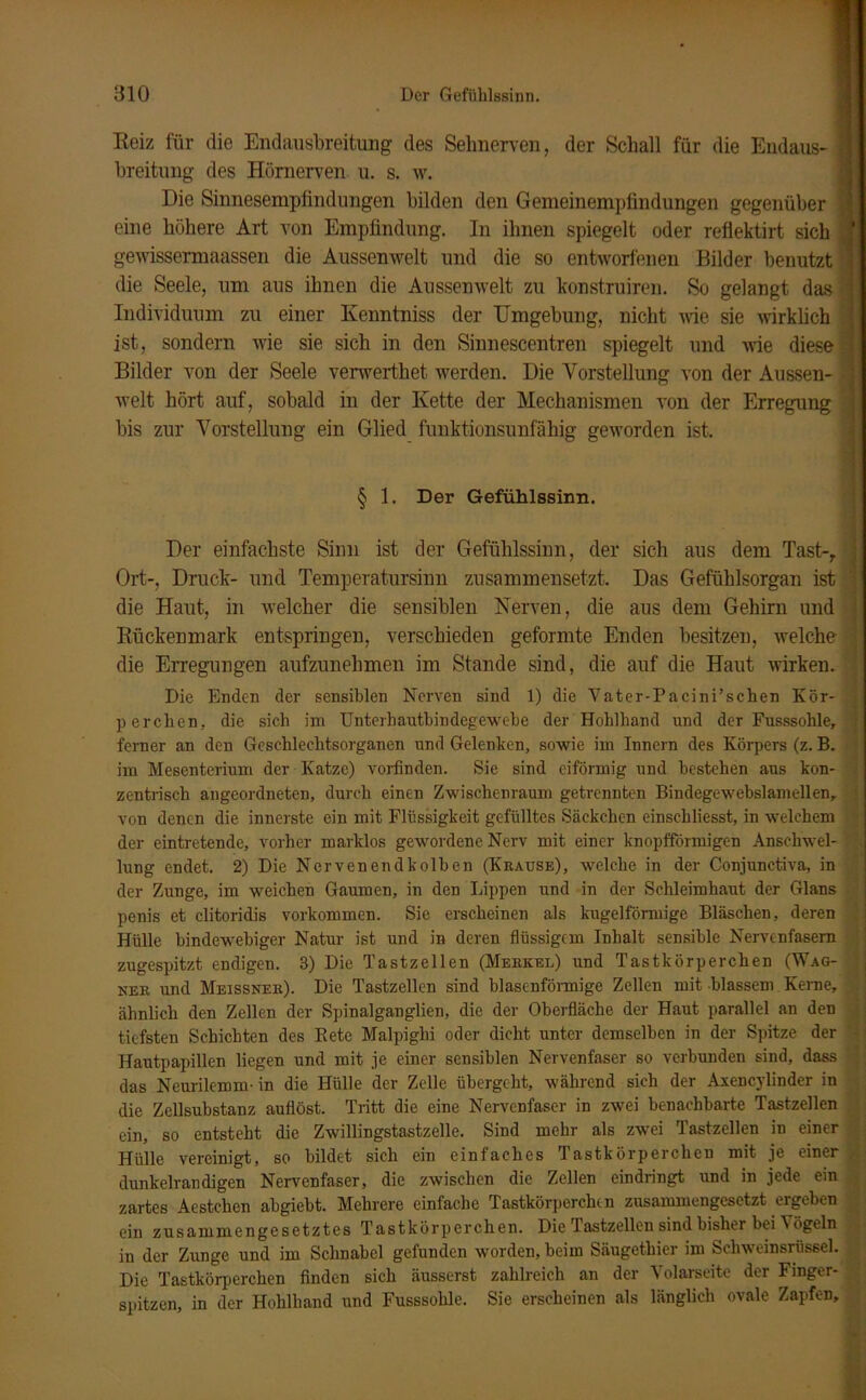 Reiz für die Endausbreitung des Sehnerven, der Schall für die Endaus- § breitnng des Hörnerven u. s. w. Die Sinnesempfindungen bilden den Gemeinempfindungen gegenüber eine höhere Art von Empfindung. In ihnen spiegelt oder reflektirt sich • gewissermaassen die Aussenwelt und die so entworfenen Bilder benutzt ] die Seele, um aus ihnen die Aussenwelt zu konstruiren. So gelangt das j Individuum zu einer Kenntniss der Umgebung, nicht nie sie wirklich : ist, sondern wie sie sich in den Sinnescentren spiegelt und wie diese T Bilder von der Seele verwertliet werden. Die Vorstellung von der Aussen- welt hört auf, sobald in der Ivette der Mechanismen von der Erregung | bis zur Vorstellung ein Glied funktionsunfähig geworden ist. § 1. Der Gefühlssinn. Der einfachste Sinn ist der Gefühlssinn, der sich aus dem Tast-r Ort-, Druck- und Temperatursinn zusammensetzt. Das Gefühlsorgan ist die Haut, in welcher die sensiblen Nerven, die aus dem Gehirn und Rückenmark entspringen, verschieden geformte Enden besitzen, welche die Erregungen aufzunehmen im Stande sind, die auf die Haut wirken. Die Enden der sensiblen Nerven sind 1) die Vater-Pacini’schen Kör- perchen, die sich im Unterhautbindegewebe der Hohlhand und der Fusssohle, ferner an den Geschlechtsorganen und Gelenken, sowie im Innern des Körpers (z. B. im Mesenterium der Katze) vorfinden. Sie sind eiförmig und bestehen aus kon- zentrisch angeordneten, durch einen Zwischenraum getrennten Bindegewebslamellen, von denen die innerste ein mit Flüssigkeit gefülltes Säckchen einschliesst, in welchem der eintretende, vorher marklos gewordene Nerv mit einer knopfförmigen Anschwel- lung endet. 2) Die Nervenendkolben (Krause), welche in der Conjunetiva, in der Zunge, im weichen Gaumen, in den Lippen und in der Schleimhaut der Glans penis et clitoridis Vorkommen. Sie erscheinen als kugelförmige Bläschen, deren Hülle bindewebiger Natur ist und in deren flüssigem Inhalt sensible Nervenfasern zugespitzt endigen. 3) Die Tastzellen (Merkel) und Tastkörperchen (Wag- ner und Meissner). Die Tastzellen sind blasenförmige Zellen mit blassem Kerne, ähnlich den Zellen der Spinalganglien, die der Oberfläche der Haut parallel an den tiefsten Schichten des Bete Malpighi oder dicht unter demselben in der Spitze der Hautpapillen liegen und mit je einer sensiblen Nervenfaser so verbunden sind, dass das Neurilemm- in die Hülle der Zelle übergeht, während sich der Axencylinder in die Zellsubstanz auflöst. Tritt die eine Nervenfaser in zwei benachbarte Tastzellen ein, so entsteht die Zwillingstastzelle. Sind mehr als zwei Tastzellen in einer Hülle vereinigt, so bildet sich ein einfaches Tastkörperchen mit je einer dunkelrandigen Nervenfaser, die zwischen die Zellen eindringt und in jede ein zartes Aestchen abgiebt. Mehrere einfache Tastkörperchen zusammengesetzt ergeben ein zusammengesetztes Tastkörperchen. Die Tastzellen sind bisher bei Vögeln in der Zunge und im Schnabel gefunden worden, beim Säugethier im Schweinsrüssel. Die Tastkörperchen finden sich äusserst zahlreich an der Volarseite der Finger- spitzen, in der Hohlhand und Fusssohle. Sie erscheinen als länglich ovale Zapfen, —