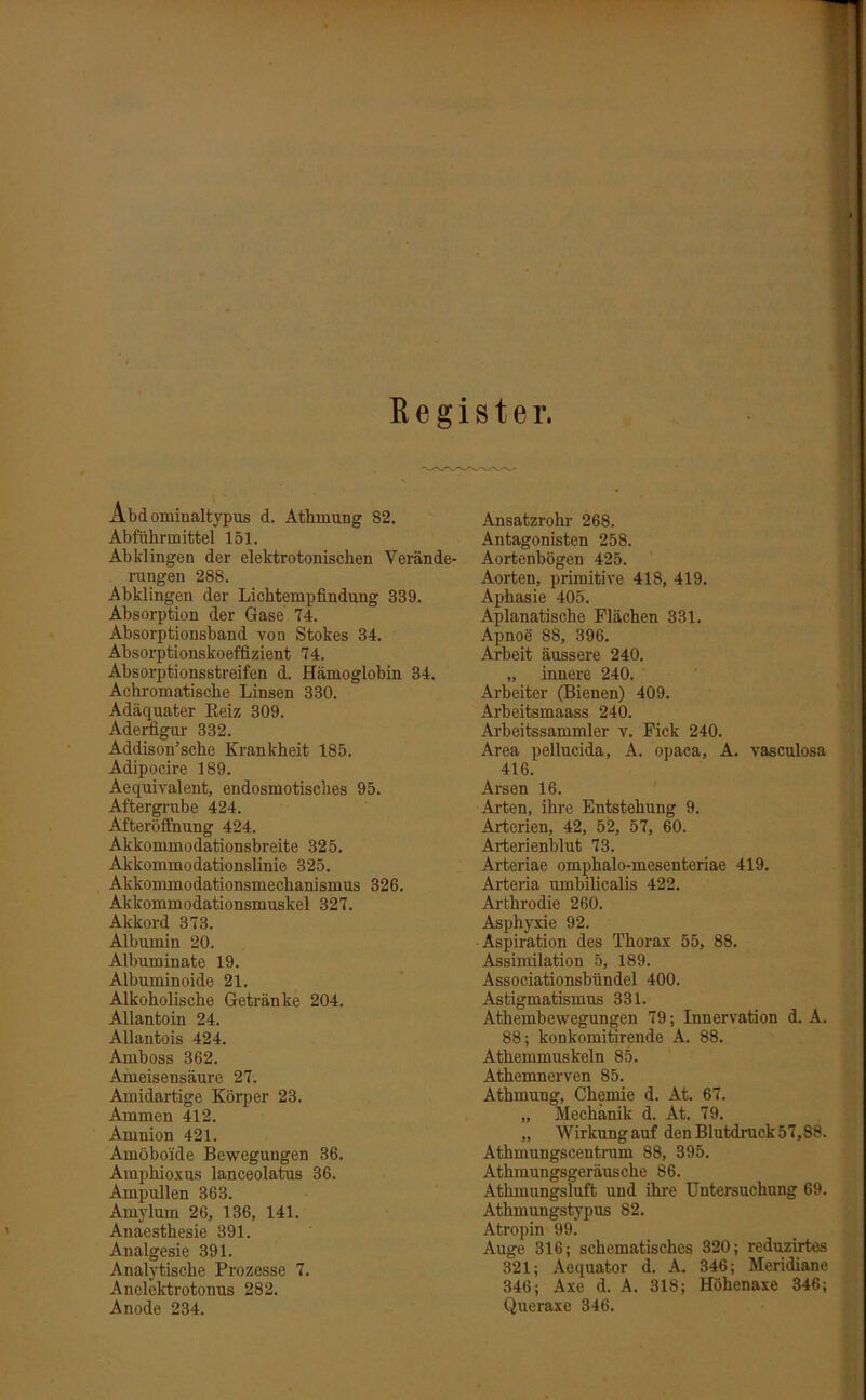 Register. Abdominaltypus d. Atkmung 82. Abführmittel 151. Abklingen der elektrotonischen Verände- rungen 288. Abklingen der Lichtempfindung 339. Absorption der Gase 74. Absorptionsband von Stokes 34. Absorptionskoeffizient 74. Absorptionsstreifen d. Hämoglobin 34. Achromatische Linsen 330. Adäquater Reiz 309. Aderfigur 332. Addison’sehe Krankheit 185. Adipocire 189. Aequivalent, endosmotisches 95. Aftergrube 424. Afteröffnung 424. Akkommodationsbreite 325. Akkommodationslinie 325. Akkommodationsmechanismus 326. Akkommodationsmuskel 327. Akkord 373. Albumin 20. Albumin ate 19. Albumin oide 21. Alkoholische Getränke 204. Allantoin 24. Allantois 424. Amboss 362. Ameisensäure 27. Amidartige Körper 23. Ammen 412. Amnion 421. Amöboide Bewegungen 36. Araphioxus lanceolatus 36. Ampullen 363. Amylum 26, 136, 141. Anaesthesie 391. Analgesie 391. Analytische Prozesse 7. Anelektrotonus 282. Anode 234. Ansatzrohr 268. Antagonisten 258. Aortenbögen 425. Aorten, primitive 418, 419. Aphasie 405. Aplanatische Flächen 331. Apnoe 88, 396. Arbeit äussere 240. „ innere 240. Arbeiter (Bienen) 409. Arbeitsmaass 240. Arbeitssammler v. Fick 240. Area pellucida, A. opaca, A. vasculosa 416. Arsen 16. Arten, ihre Entstehung 9. Arterien, 42, 52, 57, 60. Arterienblut 73. Arteriae omphalo-mesenteriae 419. Arteria umbilicalis 422. Arthrodie 260. Asphyxie 92. Aspiration des Thorax 55, 88. Assimilation 5, 189. Associationsbündel 400. Astigmatismus 331. Athembewegungen 79; Innervation d. A. 88; konkomitirende A. 88. Athemmuskeln 85. Athemnerven 85. Athmung, Chemie d. At. 67. „ Mechanik d. At. 79. „ Wirkung auf denBlutdruck57,S8. Athmungscentrum 88, 395. Athmungsgeräusche 86. Atkmungsluft und ihre Untersuchung 69. Athmungstypus 82. Atropin 99. Auge 316; schematisches 320; reduzirtes 321; Aequator d. A. 346; Meridiane 346; Axe d. A. 318; Höhenaxe 346; Queraxe 346.