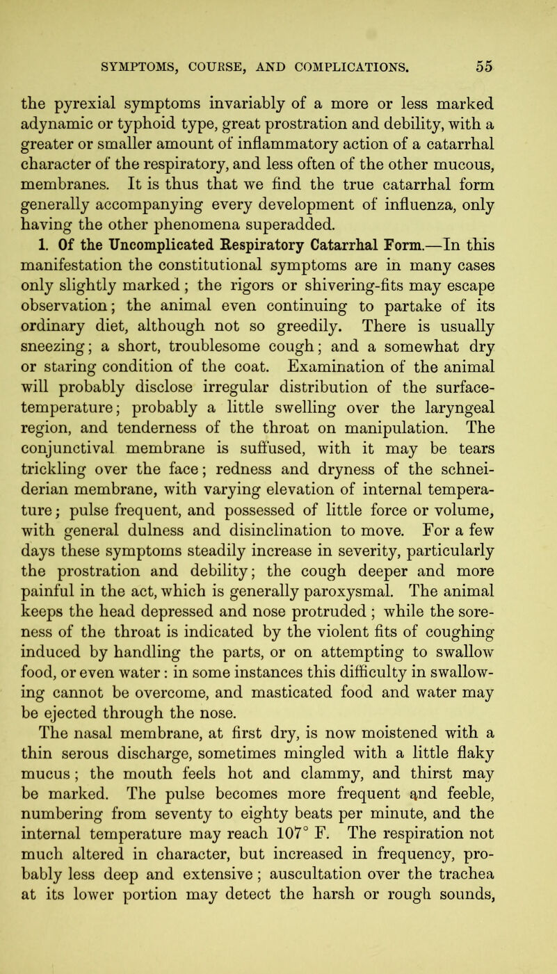 the pyrexial symptoms invariably of a more or less marked adynamic or typhoid type, great prostration and debility, with a greater or smaller amount of inflammatory action of a catarrhal character of the respiratory, and less often of the other mucous, membranes. It is thus that we find the true catarrhal form generally accompanying every development of influenza, only having the other phenomena superadded. 1. Of the Uncomplicated Respiratory Catarrhal Form.—In this manifestation the constitutional symptoms are in many cases only slightly marked ; the rigors or shivering-fits may escape observation; the animal even continuing to partake of its ordinary diet, although not so greedily. There is usually sneezing; a short, troublesome cough; and a somewhat dry or staring condition of the coat. Examination of the animal will probably disclose irregular distribution of the surface- temperature; probably a little swelling over the laryngeal region, and tenderness of the throat on manipulation. The conjunctival membrane is suffused, with it may be tears trickling over the face; redness and dryness of the Schnei- derian membrane, with varying elevation of internal tempera- ture ; pulse frequent, and possessed of little force or volume, with general dulness and disinclination to move. For a few days these symptoms steadily increase in severity, particularly the prostration and debility; the cough deeper and more painful in the act, which is generally paroxysmal. The animal keeps the head depressed and nose protruded ; while the sore- ness of the throat is indicated by the violent fits of coughing induced by handling the parts, or on attempting to swallow food, or even water : in some instances this difficulty in swallow- ing cannot be overcome, and masticated food and water may be ejected through the nose. The nasal membrane, at first dry, is now moistened with a thin serous discharge, sometimes mingled with a little flaky mucus ; the mouth feels hot and clammy, and thirst may be marked. The pulse becomes more frequent ^nd feeble, numbering from seventy to eighty beats per minute, and the internal temperature may reach 107° F. The respiration not much altered in character, but increased in frequency, pro- bably less deep and extensive; auscultation over the trachea at its lower portion may detect the harsh or rough sounds,