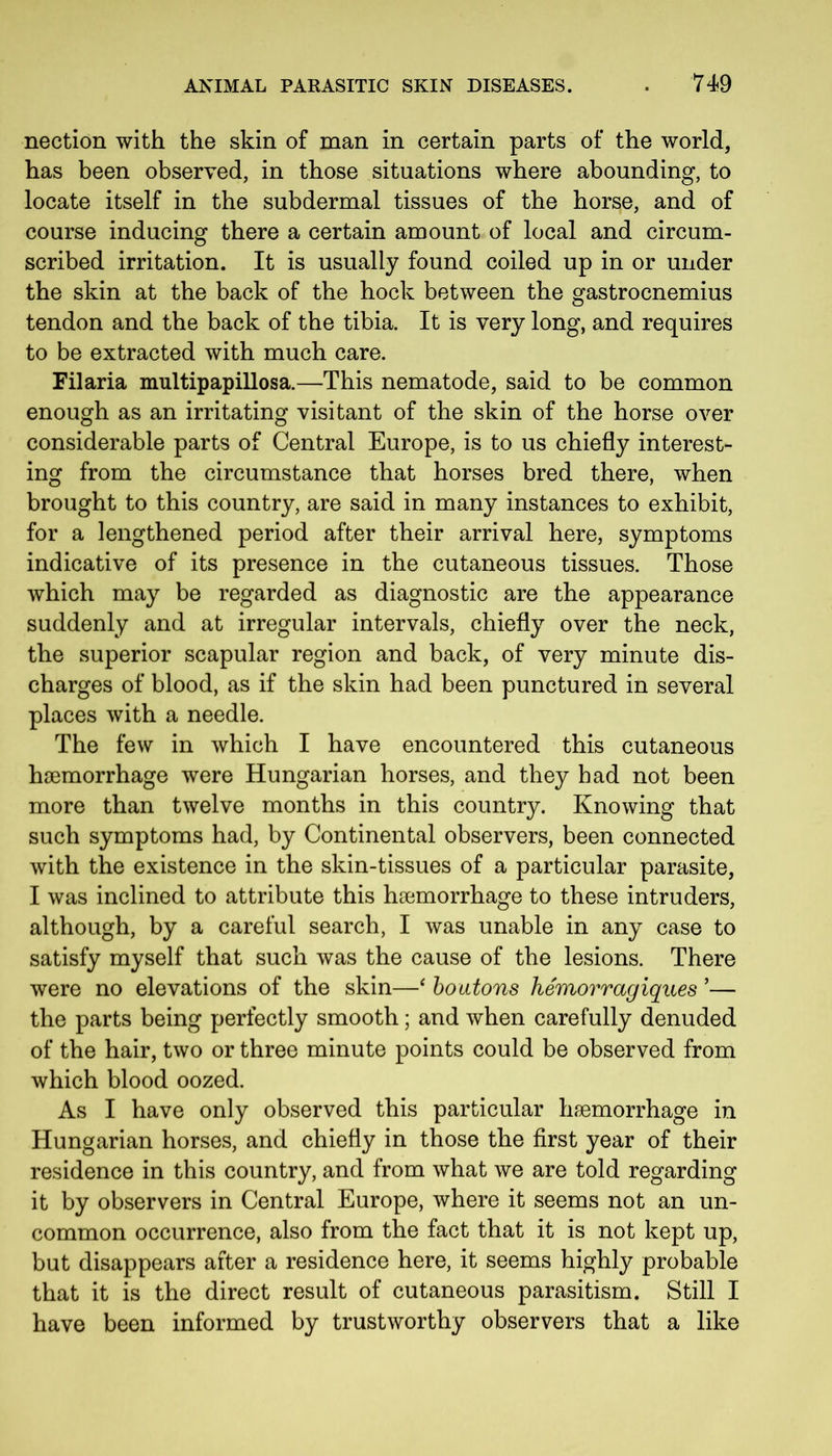 nection with the skin of man in certain parts of the world, has been observed, in those situations where abounding, to locate itself in the subdermal tissues of the horse, and of course inducing there a certain amount of local and circum- scribed irritation. It is usually found coiled up in or under the skin at the back of the hock between the gastrocnemius tendon and the back of the tibia. It is very long, and requires to be extracted with much care. Filaria multipapillosa.—This nematode, said to be common enough as an irritating visitant of the skin of the horse over considerable parts of Central Europe, is to us chiefly interest- ing from the circumstance that horses bred there, when brought to this country, are said in many instances to exhibit, for a lengthened period after their arrival here, symptoms indicative of its presence in the cutaneous tissues. Those which may be regarded as diagnostic are the appearance suddenly and at irregular intervals, chiefly over the neck, the superior scapular region and back, of very minute dis- charges of blood, as if the skin had been punctured in several places with a needle. The few in which I have encountered this cutaneous hsemorrhage were Hungarian horses, and they had not been more than twelve months in this country. Knowing that such symptoms had, by Continental observers, been connected with the existence in the skin-tissues of a particular parasite, I was inclined to attribute this hsemorrhage to these intruders, although, by a careful search, I was unable in any case to satisfy myself that such was the cause of the lesions. There were no elevations of the skin—‘ boutons hemorragiques ’— the parts being perfectly smooth; and when carefully denuded of the hair, two or three minute points could be observed from which blood oozed. As I have only observed this particular hsemorrhage in Hungarian horses, and chiefly in those the first year of their residence in this country, and from what we are told regarding it by observers in Central Europe, where it seems not an un- common occurrence, also from the fact that it is not kept up, but disappears after a residence here, it seems highly probable that it is the direct result of cutaneous parasitism. Still I have been informed by trustworthy observers that a like