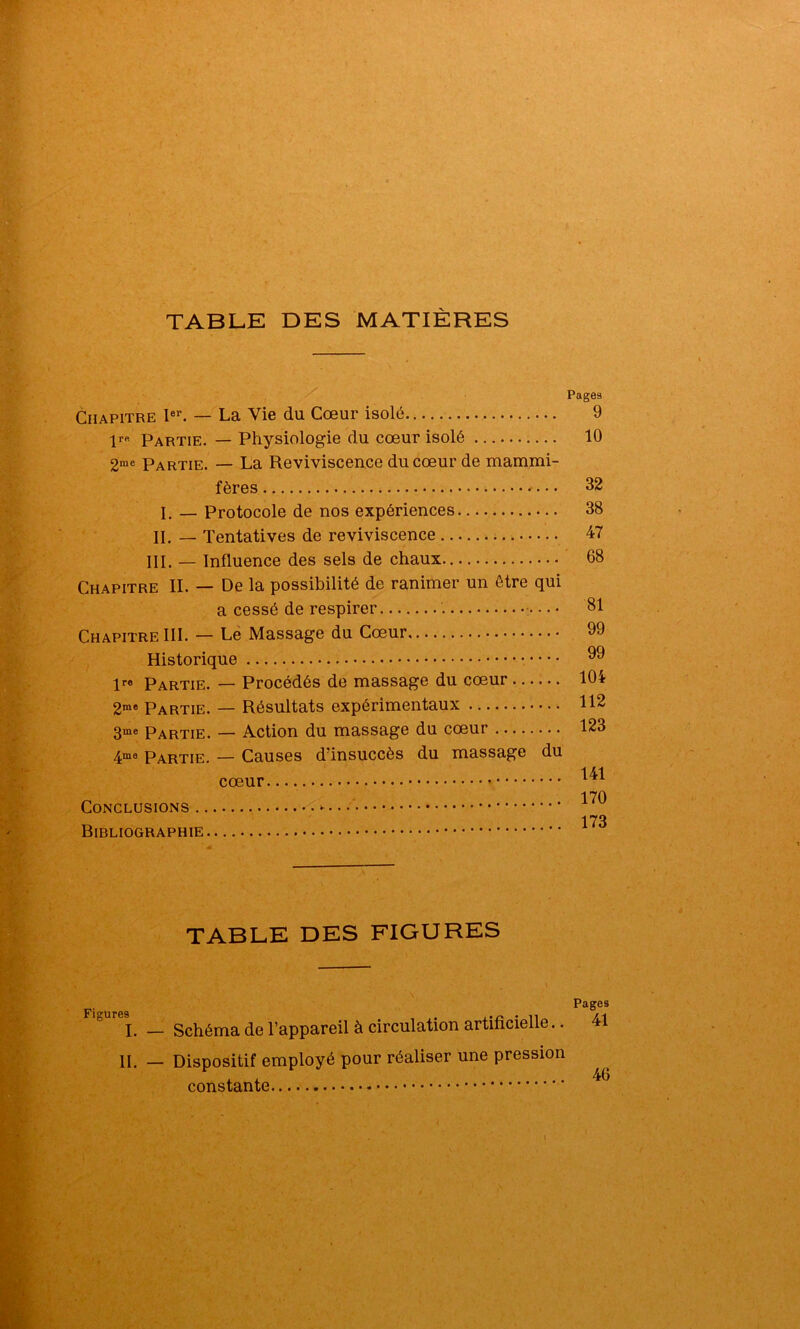 TABLE DES MATIÈRES Pages Chapitre Ier. — La Vie du Cœur isolé 9 ire partie. — Physiologie du cœur isolé 10 2me Partie. — La Reviviscence du cœur de mammi- fères 32 I. — Protocole de nos expériences 38 II. — Tentatives de reviviscence 47 III. — Influence des sels de chaux 68 Chapitre IL — De la possibilité de ranimer un être qui a cessé de respirer — 81 Chapitre III. — Le Massage du Cœur 99 Historique 99 lre Partie. — Procédés de massage du cœur 104 2me Partie. — Résultats expérimentaux 112 3me Partie. — Action du massage du cœur 123 4me Partie. — Causes d'insuccès du massage du 141 cœur l4rA 170 Conclusions >■ 173 Bibliographie TABLE DES FIGURES Pages I. — Schéma de l’appareil à circulation artificielle.. 41 II. — Dispositif employé pour réaliser une pression constante