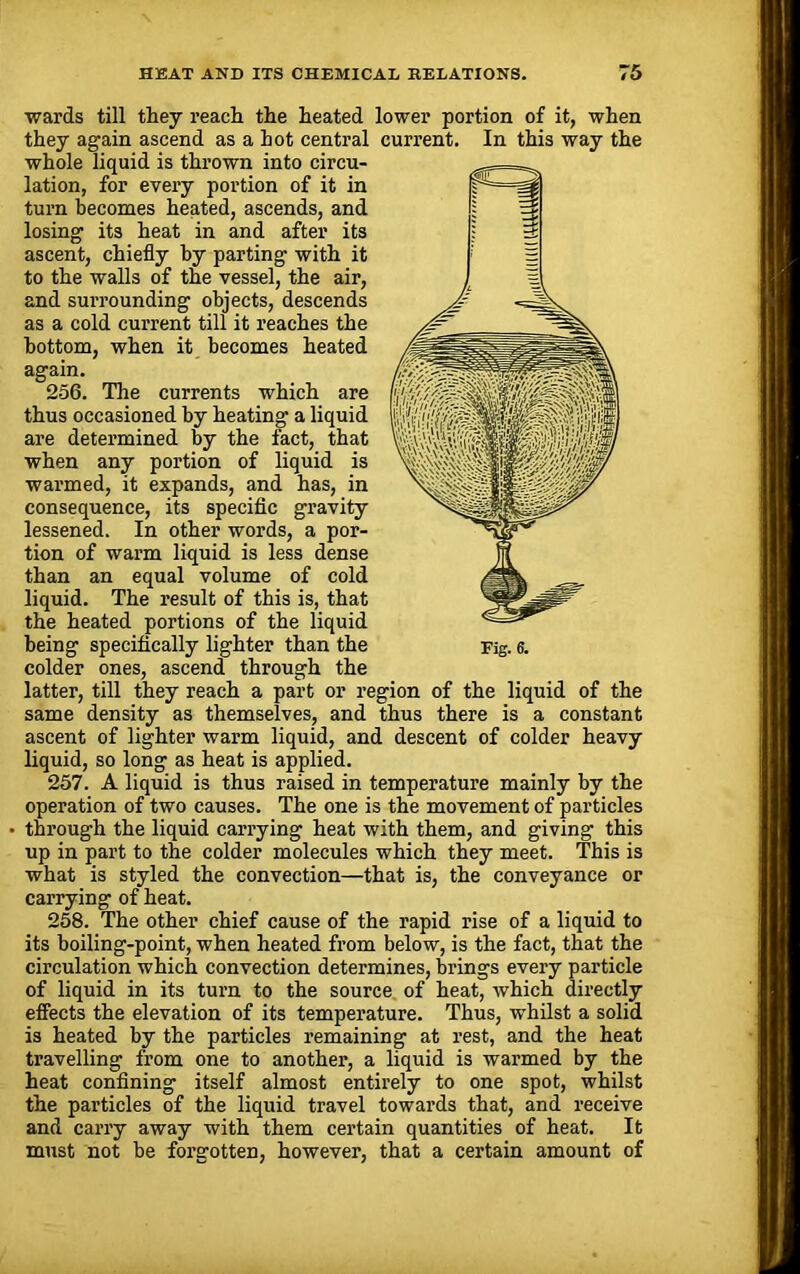 wards till they reach the heated lower portion of it, when they again ascend as a hot central current. In this way the whole liquid is thrown into circu- lation, for every portion of it in turn becomes heated, ascends, and losing its heat in and after its ascent, chiefly by parting with it to the walls of the vessel, the air, and surrounding objects, descends as a cold current till it reaches the bottom, when it becomes heated again. 256. The currents which are thus occasioned by heating a liquid are determined by the fact, that when any portion of liquid is warmed, it expands, and has, in consequence, its specific gravity lessened. In other words, a por- tion of warm liquid is less dense than an equal volume of cold liquid. The result of this is, that the heated portions of the liquid colder ones, ascend through the latter, till they reach a part or region of the liquid of the same density as themselves, and thus there is a constant ascent of lighter warm liquid, and descent of colder heavy liquid, so long as heat is applied. 257. A liquid is thus raised in temperature mainly by the operation of two causes. The one is the movement of particles through the liquid carrying heat with them, and giving this up in part to the colder molecules which they meet. This is what is styled the convection—that is, the conveyance or carrying of heat. 258. The other chief cause of the rapid rise of a liquid to its boiling-point, when heated from below, is the fact, that the circulation which convection determines, brings every particle of liquid in its turn to the source of heat, which directly effects the elevation of its temperature. Thus, whilst a solid is heated by the particles remaining at rest, and the heat travelling from one to another, a liquid is warmed by the heat confining itself almost entirely to one spot, whilst the particles of the liquid travel towards that, and receive and carry away with them certain quantities of heat. It must not be forgotten, however, that a certain amount of