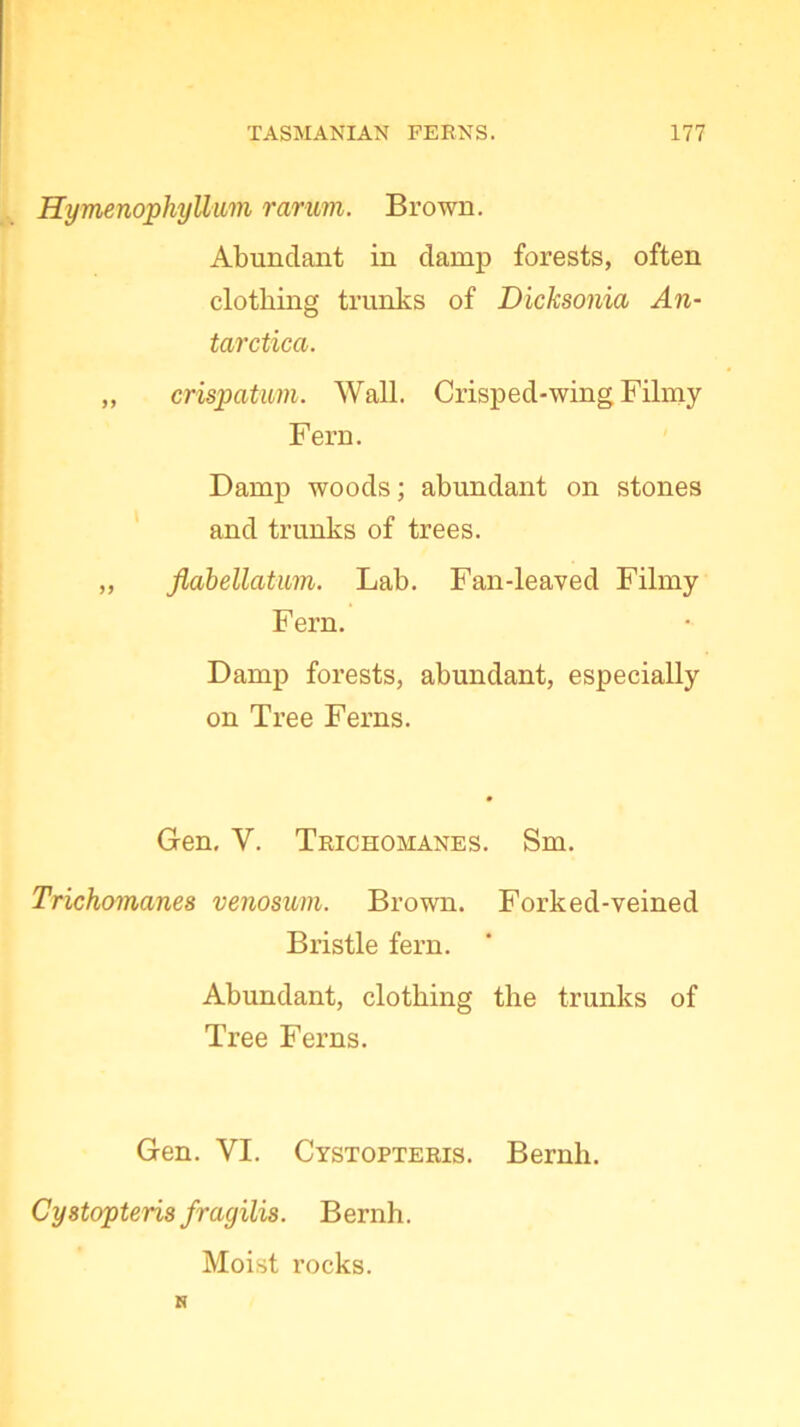 HymenophyUum rarum. Brown. Abundant in damp forests, often clothing trunks of Dicksonia An- tarctica. „ crispatum. Wall. Crisped-wing Filmy Fern. Damp woods; abundant on stones and trunks of trees. „ flabellatum. Lab. Fan-leaved Filmy F ern. Damp forests, abundant, especially on Tree Ferns. Gen. V. Trichomanes. Sm. Trichomanes venosum. Brown. Forked-veined Bristle fern. Abundant, clothing the trunks of Tree Ferns. Gen. VI. Cystopteris. Bernh. Cystopteris fragilis. Bernh. Moist rocks. N