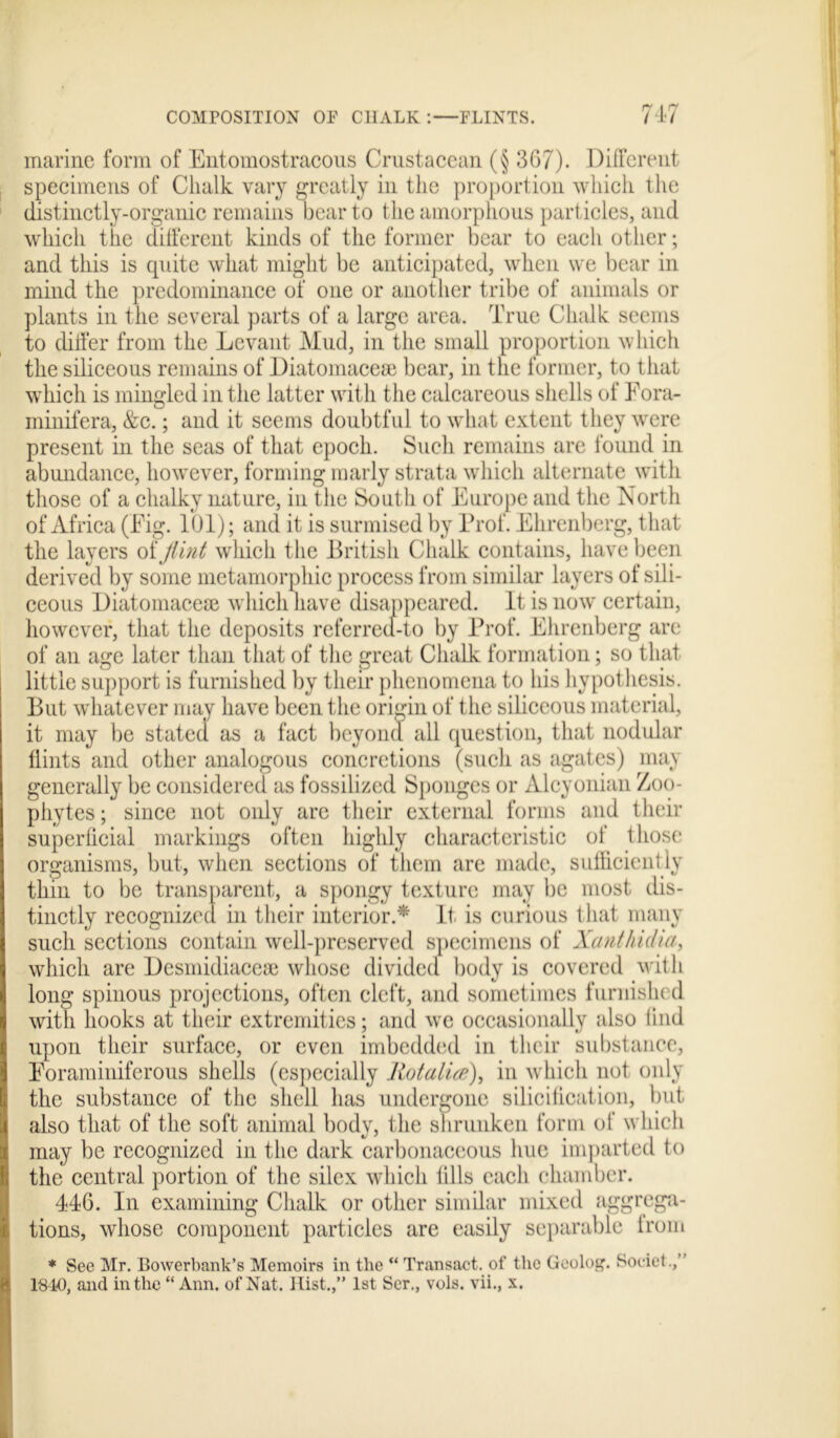 marine form of Entomostracous Crustacean (§ 3G7). Different specimens of Chalk vary greatly in the proportion which the distinctly-organic remains bear to the amorphous particles, and which the different kinds of the former bear to each other; and this is quite what might be anticipated, when we bear in mind the predominance of one or another tribe of animals or plants in the several parts of a large area. True Chalk seems to differ from the Levant Mud, in the small proportion which the siliceous remains of Diatomacese bear, in the former, to that which is mingled in the latter with the calcareous shells of Fora- minifera, &c.; and it seems doubtful to what extent they were present in the seas of that epoch. Such remains are found in abundance, however, forming marly strata which alternate with those of a chalky nature, in the South of Europe and the North of Africa (Fig. 101); and it is surmised by Prof. Ehrenberg, that the layers oiflint which the British. Chalk contains, have been derived by some metamorphic process from similar layers of sili- ceous Diatomaceae which have disappeared. It is now certain, however, that the deposits referred-to by Prof. Ehrenberg are of an age later than that of the great Chalk formation; so that little support is furnished by their phenomena to his hypothesis. But whatever may have been the origin of the siliceous material, it may be stated as a fact beyond, all question, that nodular flints and other analogous concretions (such as agates) may generally be considered as fossilized Sponges or Alcyonian Zoo- phytes ; since not only are their external forms and their superficial markings often highly characteristic of those organisms, but, when sections of them are made, sufficiently thin to be transparent, a spongy texture may be most dis- tinctly recognized in their interior.* It, is curious that many such sections contain well-preserved specimens of Xanthidia, which are Desmidiaccse whose divided body is covered with long spinous projections, often cleft, and sometimes furnished with hooks at their extremities; and we occasionally also find upon their surface, or even imbedded in their substance, Foraminiferous shells (especially Rotalice), in which not only the substance of the shell has undergone silicification, but also that of the soft animal bodv, the shrunken form of which may be recognized in the dark carbonaceous hue imparted to the central portion of the silex which fills each chamber. 446. In examining Chalk or other similar mixed aggrega- tions, whose component particles are easily separable from * See Mr. Bowerbank’s Memoirs in the “ Transact, of the Geolog. Societ., 1S40, and in the “ Ann. of Nat. Hist.,” 1st Ser., vols. vii., x.