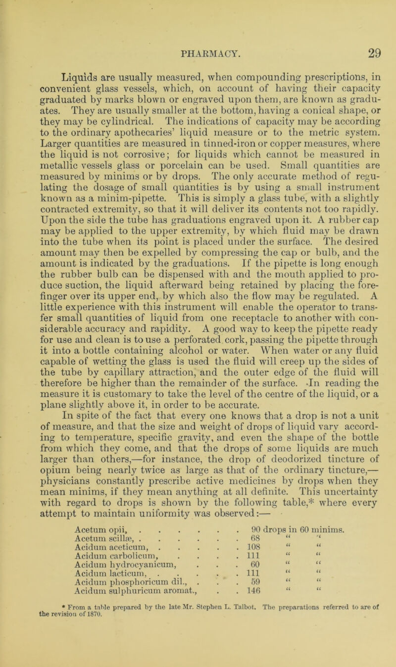 Liquids are usually measured, when compounding prescriptions, in convenient glass vessels, which, on account of having their capacity graduated by marks blown or engraved upon them, are known as gradu- ates. They are usually smaller at the bottom, having a conical shape, or they may be cylindrical. The indications of capacity may be according to the ordinary apothecaries’ liquid measure or to the metric system. Larger quantities are measured in tinned-iron or copper measures, where the liquid is not corrosive; for liquids which cannot be measured in metallic vessels glass or porcelain can be used. Small quantities are measured by minims or by drops. The only accurate method of regu- lating the dosage of small quantities is by using a small instrument known as a minim-pipette. This is simply a glass tube, with a slightly contracted extremity, so that it will deliver its contents not too rapidly. Upon the side the tube has graduations engraved upon it. A rubber cap may be applied to the upper extremity, bv which fluid may be drawn into the tube when its point is placed under the surface. The desired amount may then be expelled by compressing the cap or bulb, and the amount is indicated by the graduations. If the pipette is long enough the rubber bulb can be dispensed with and the mouth applied to pro- duce suction, the liquid afterward being retained by placing the fore- finger over its upper end, by which also the flow may be regulated. A little experience with this instrument will enable the operator to trans- fer small quantities of liquid from one receptacle to another with con- siderable accuracy and rapidity. A good way to keep the pipette ready for use and clean is to use a perforated cork, passing the pipette through it into a bottle containing alcohol or water. When water or any fluid capable of wetting the glass is used the fluid will creep up the sides of the tube by capillary attraction, and the outer edge of the fluid will therefore be higher than the remainder of the surface. -In reading the measure it is customary to take the level of the centre of the liquid, or a plane slightly above it, in order to be accurate. In spite of the fact that every one knows that a drop is not a unit of measure, and that the size and weight of drops of liquid vary accord- ing to temperature, specific gravity, and even the shape of the bottle from which they come, and that the drops of some liquids are much larger than others,—for instance, the drop of deodorized tincture of opium being nearly twice as large as that of the ordinary tincture,— physicians constantly prescribe active medicines by drops when they mean minims, if they mean anything at all definite. This uncertainty with regard to drops is shown by the following table,* where every attempt to maintain uniformity was observed:— Acet.um opii, Acetum scillse, . Acidum aceticum, . Acidum carbolicum, Acidum hydrocyanicum, Acidum lacticum, Acidum pbospboricum dil., Acidum sulphuricum aromat., . 90 drops in 60 minims. . 68 '( . 108 . Ill U fl . 60 . Ill . 59 “ . 146 “ (( u u ll * From a table prepared by the late Mr. Stephen L. Talbot. The preparations referred to are of the revision of 1870.