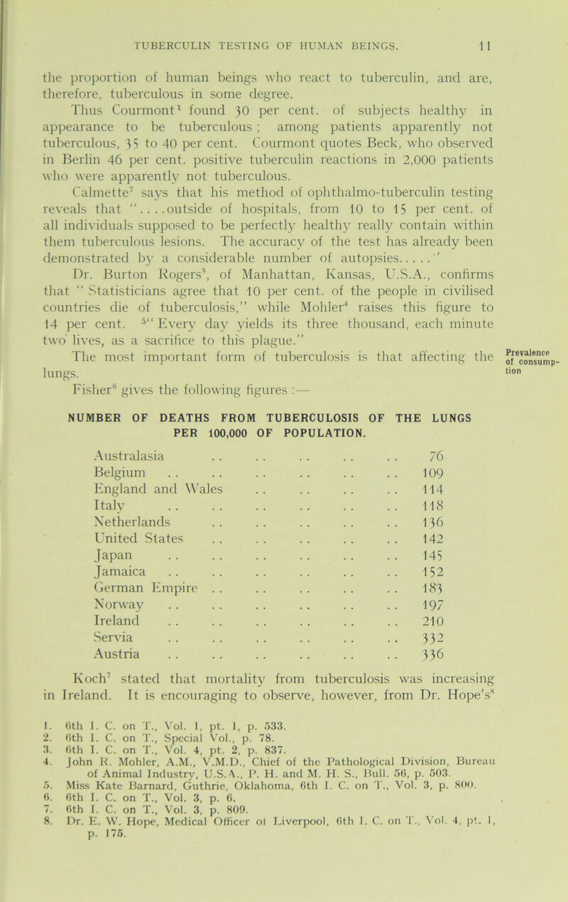 TUBERCULIN TESTING OF HUMAN BEINGS. 1 I the proportion of human beings who react to tuberculin, and are, therefore, tuberculous in some degree. Thus Courmont1 2 3 found 30 per cent, of subjects healthy in appearance to be tuberculous ; among patients apparently not tuberculous, 35 to 40 per cent. Courmont quotes Beck, who observed in Berlin 46 per cent, positive tuberculin reactions in 2,000 patients who were apparently not tuberculous. Calmette says that his method of ophthalmo-tuberculin testing reveals that “....outside of hospitals, from 10 to 15 per cent, of all individuals supposed to be perfectly healthy really contain within them tuberculous lesions. The accuracy of the test has already been demonstrated b}' a considerable number of autopsies ’ Dr. Burton Rogers', of Manhattan, Kansas, U.S.A., confirms that “ Statisticians agree that 10 per cent, of the people in civilised countries die of tuberculosis,’’ while Mohler4 raises this figure to 14 per cent. 5 6“ Every day yields its three thousand, each minute two' lives, as a sacrifice to this plague.’’ The most important form of tuberculosis is that affecting the lungs. Fisher gives the following figures :— NUMBER OF DEATHS FROM TUBERCULOSIS OF THE LUNGS PER 100,000 OF POPULATION. Australasia . . . . .. . . .. 76 Belgium . . .. . . . . . . . . 109 England and Wales .. .. .. .. 114 Italy .. .. . . .. .. .. 118 Netherlands .. .. .. .. .. 136 United States .. .. .. .. .. 142 Japan .. .. .. .. .. .. 145 Jamaica .. . . . . . . .. . . 152 German Empire .. .. .. .. .. 183 Norway .. .. .. .. .. .. 197 Ireland . . . . . . . . .. . . 210 Servia .. .. .. .. .. .. 332 Austria . . .. .. .. .. .. 336 Koch7 8 stated that mortality from tuberculosis was increasing in Ireland. It is encouraging to observe, however, from Dr. Hope’s 1. (5th I. C. on T., Vol. 1, pt. 1, p. 533. 2. (5th I. C. on T., Special Vol., p. 78. 3. 6th I. C. on T., Vol. 4, pt. 2, p. 837. 4. John It. Mohler, A.M., V.M.D., Chief of the Pathological Division, Bureau of Animal Industry, U.S.A., P. H. and M. H. S., Bull. 56, p. 503. 5. Miss Kate Barnard, Guthrie, Oklahoma, 6th I. C. on T., Vol. 3, p. 800. 6. 6th I. C. on T., Vol. 3, p. 6. 7. 6th I. C. on T., Vol. 3, p. 809. 8. Dr. E. W. Hope, Medical Officer ol Liverpool, 6th I. C. on T., Vol. 4, pt. I, p. 175. Prevalence of consump- tion