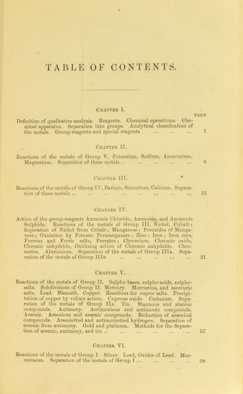 TABLE OF CONTENTS. Chapter I. Definition of qualitative analysis. Reagents. Chemical operations. Che- mical apparatus. Separation into groups. Analytical classification of the metals. Group-reagents and special reagents Chapter II. Keactions of the metals of Group Y, Potassium, Sodium, Ammonium, Magnesium. Separation of these metals .. Chapter III. * Reactions of the metals.of Group IY, Barium, Strontium, Calcium. Separa- tion of these metals .. Chapter IV. Action of the group-reagents Ammonic Chloride, Ammonia, and Ammonic Sulphide. Reactions of the metals of Group III, Nickel, Cobalt; Separation of Nickel from Cobalt; Manganese ; Peroxides of Manga- nese ; Oxidation by Potassic Permanganate ; Zinc ; Iron; Iron ores, Ferrous and Ferric salts, Ferrates; Chromium, Chromic oxide, Chromic anhydride, Oxidizing action of Chromic anhydride. Chro- mates. Aluminium. Separation of the metals of Group IIIa. Sepa- ration of the metals of Group IIIb Chapter Y. Reactions of the metals of Group II. Sulpho-bases, sulpho-acids, sulpho- salts. Subdivisions of Group II. Mercury. Mercurous, and mercuric salts. Lead. Bismuth. Copper. Reactions for cupric salts. Precipi- tation of copper by voltaic action. Cuprous oxide. Cadmium. Sepa- ration of the metals of Group IIa. Tin. Stannous and stannic compounds. Antimony. Antimonious and antimonic compounds. Arsenic. Arsenious and arsenic compounds. Reduction of arsenical compounds. Arsenietted and antimonietted hydrogen. Separation of arsenic from antimony. Gold and platinum. Methods for the Separa- tion of arsenic, antimony, and tin .. .. .. .. Chapter YI. Reactions of the metals of Group I. Silver. Lead, Oxides of Lead. Mer- curosum. Separation of the metals of Group I .. PAGE 1 8 15 21 57 98