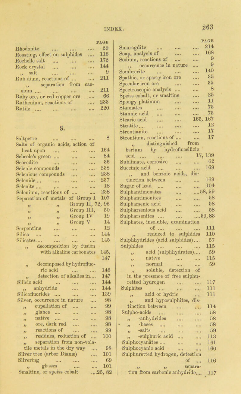 PAGE Rhodonite 29 Roasting, effect on sulphides .... 116 Rochelle salt .... .... 172 Rock crystal 144 „ salt 9 Rubidium, reactions of.... 211 ,, separation from cae- sium .... 211 Ruby ore, or red copper ore 66 Ruthenium, reactions of 233 Rutile .... 220 S. Saltpetre 8 Salts of organic acids, action of heat upon 164 Scbeele’s green .... 84 Scorodite 36 Selenie compounds 238 Selenious compounds 238 Selenide..,. 237 Selenite.... ,... 18 Selenium, reactions of .... 238 Separation of metals of Group I 107 „ „ Group 11, 72, 96 „ „ Group III, 50 „ „ Group IV 19 „ „ Group V 14 Serpentine 12 Silica 144 Silicates.... 145 „ decomposition by fusion with alkaline carbonates 145, 147 „ decomposed by hydrofluo- ric acid 146 „ detection of alkalies in.... 147 Silicic acid 144 ,, anhydride 144 Sili cofluorides .... 139 Silver, occurrence in nature 98 „ cupellation of .... 99 „ glance 98 „ native .... 98 „ ore, dark red 98 „ reactions of 99 „ residues, reduction of .... 100 „ separation from non-vola- tile metals in the dry way .... 98 Silver tree (arbor Dianas) 101 Silvering 69 „ glasses 101 Smaltine, or speiss cobalt 25, 82 Smaragdite Soap, analysis of Sodium, reactions of „ occurrence in nature Sombrerite Spathic, or sparry iron ore Specular iron ore Spectroscopic analysis .... Speiss cobalt, or smaltine Spongy platinum Stannates Stannic acid Stearic acid Steatite.... Strontianite Strontium, reactions of.... „ distinguished barium by- acid .... Sublimate, corrosive Succinic acid „ and benzoic tinction between Sugar of lead .... Sulphantimonates Sulphantimonites Sulpharsenic acid Sulpharsenious acid Sulpharsenites .... Sulphates, insoluble, examination of .... „ reduced to sulphides Sulphhydrides (acid sulphides)..., Sulphides „ acid (sulphhydrates).,,. ,, native ,, normal ,, soluble, detection of in the presence of free sulphu- retted hydrogen Sulphites „ acid or hydric „ and hyposulphites, dis- tinction between Sulpho-acids „ -anhydrides * „ -bases ,, -salts ,, -sulphuric acid .... Sulphocyanates .... Sulphocyanic acid Sulphuretted hydrogen, detection of .... ff scp&r&* | tion from carbonic anhydride.,.. PAGE .... 214 .... 168 9 9 .... 140 .... 35 .... 35 8 .... 25 11 .... 75 .... 75 165, 167 12 .... 17 .... 17 from hydrofluosilicic 17, 139 62 169 acids, dis- 169 104 58, 59 58 58 58 59,83 111 110 57 115 59 115 59 117 111 111 114 58 58 58 59 113 161 160 116 117