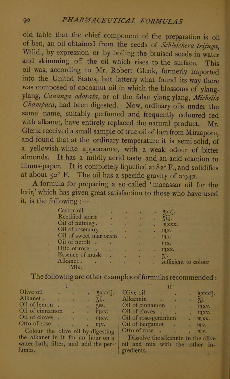 old fable that the chief component of the preparation is oil of ben, an oil obtained from the seeds of Schleichera trijuga, Willd., by expression or by boiling the bruised seeds in water and skimming off the oil which rises to the surface. This oil was, according to Mr. Robert Glenk, formerly imported into the United States, but latterly what found its way there was composed of cocoanut oil in which the blossoms of ylang- ylang, Cananga odorata, or of the false ylang-ylang, Michelia Champaca, had been digested. Now, ordinary oils under the same name, suitably perfumed and frequently coloured red with alkanet, have entirely replaced the natural product. Mr. Glenk received a small sample of true oil of ben from Mirzapore, and found that at the ordinary temperature it is semi-solid, of a yellowish-white appearance, with a weak odour of bitter almonds. It has a mildly acrid taste and an acid reaction to litmus-paper. It is completely liquefied at 82° F., and solidifies at about 50° F. The oil has a specific gravity of 0-942. A formula for preparing a so-called 1 macassar oil for the hair,’ which has given great satisfaction to those who have used it, is the following :— Castor oil Rectified spirit Oil of nutmeg. Oil of rosemary Oil of sweet marjoram Oil of neroli . Otto of rose . Essence of musk Alkanet. Mix. 5xvj- lilxxx. tnx. tax. iax. taxx. 5J- sufficient to colour The following are other examples of formulas recommended : Olive oil Alkanet . Oil of lemon . Oil of cinnamon Oil of cloves . Otto of rose . gxxxij. 3‘j- *ss. nixv. tilxv. ttiv. Colour the olive oil by digesting the alkanet in it for an hour on a water-bath, filter, and add the per- fumes. 11 j Olive oil ... Jxxxij. Alkannin . . . sy. Oil of cinnamon . . iaxv. Oil of cloves . . . iaxv. Oil of rose-geranium . taxx. j Oil of bergamot . . iav. Otto of rose . . . taw Dissolve the alkannin in the olive j oil and mix with the other in- I gredients,