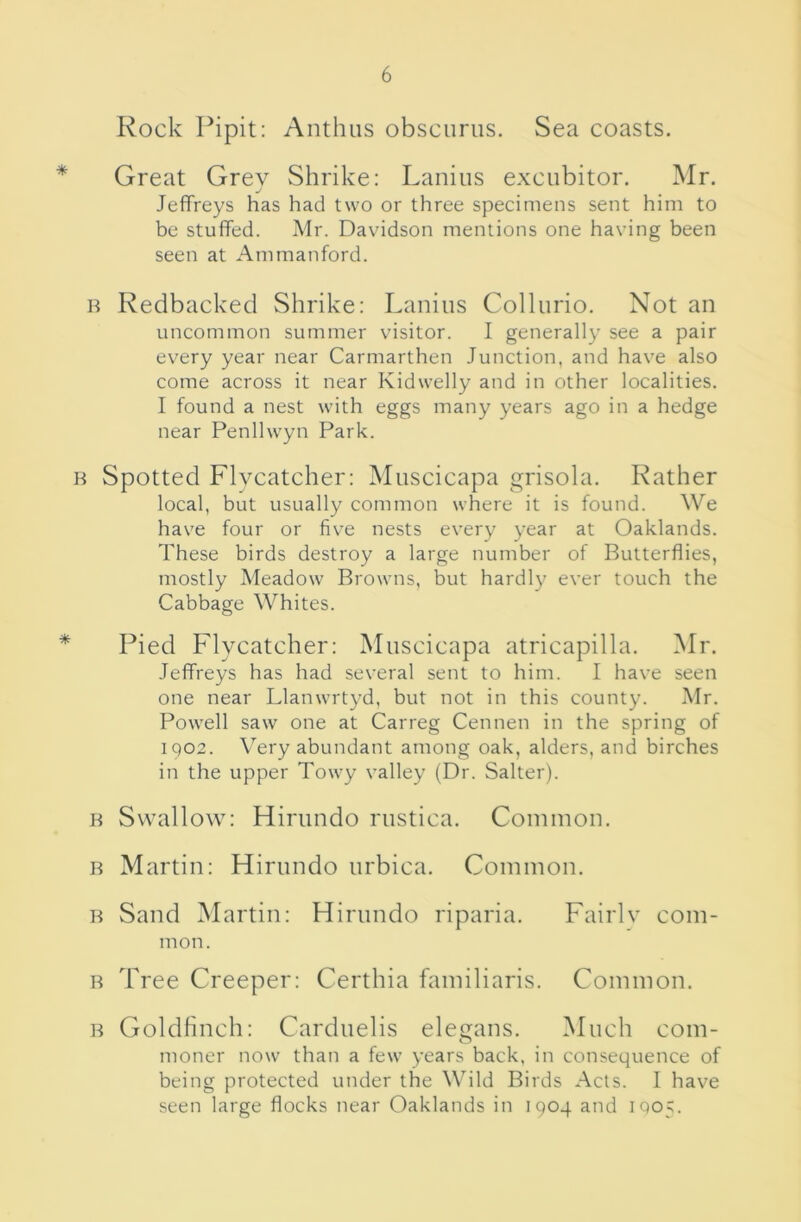 Rock Pipit: Aiithus obsciiriis. Sea coasts. Great Grev Shrike: Lanins excnbitor. Mr. j Jeffreys has had two or three specimens sent him to be stuffed. Mr. Davidson mentions one having been seen at Ammanford. H Redbacked Shrike: Lanins Collurio. Not an uncommon summer visitor. I generally see a pair every year near Carmarthen Junction, and have also come across it near Kidwelly and in other localities. I found a nest with eggs many years ago in a hedge near Penllwyn Park. K Spotted Flycatcher: Muscicapa grisola. Rather local, but usually common where it is found. We have four or five nests every year at Oaklands. These birds destroy a large number of Butterflies, mostly Meadow Browns, but hardly ever touch the Cabbage Whites. Pied Flycatcher: Mnscicapa atricapilla. Mr. Jeffreys has had several sent to him. I have seen one near Llanwrtyd, but not in this county. Mr. Powell saw one at Carreg Cennen in the spring of 1902. \’’ery abundant among oak, alders, and birches in the upper Towy valley (Dr. Salter). K Swallow: Hiriindo rustica. Common. R Martin: Hirundo iirbica. Common. R Sand iNIartin: Hirimdo riparia. Fairlv com- mon. R Tree Creeper: Certhia familiaris. Common. R Goldfinch: Cardnelis elegans. Much com- moner now than a few years back, in consequence of being protected under the Wild Birds Acts. I have seen large flocks near Oaklands in 1904 and iqo;.