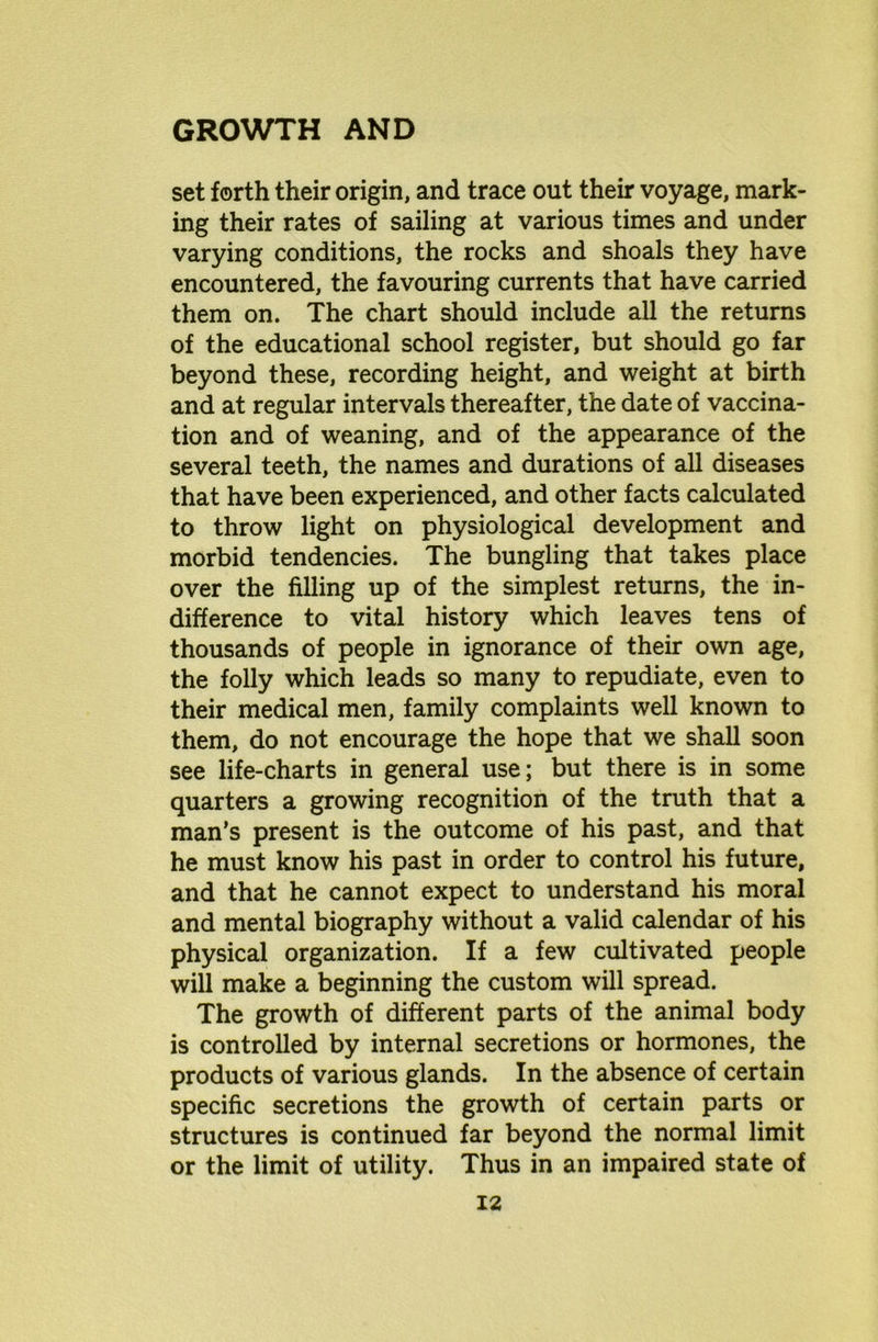 set forth their origin, and trace out their voyage, mark- ing their rates of sailing at various times and under varying conditions, the rocks and shoals they have encountered, the favouring currents that have carried them on. The chart should include all the returns of the educational school register, but should go far beyond these, recording height, and weight at birth and at regular intervals thereafter, the date of vaccina- tion and of weaning, and of the appearance of the several teeth, the names and durations of all diseases that have been experienced, and other facts calculated to throw light on physiological development and morbid tendencies. The bungling that takes place over the filling up of the simplest returns, the in- difference to vital history which leaves tens of thousands of people in ignorance of their own age, the folly which leads so many to repudiate, even to their medical men, family complaints well known to them, do not encourage the hope that we shall soon see life-charts in general use; but there is in some quarters a growing recognition of the truth that a man’s present is the outcome of his past, and that he must know his past in order to control his future, and that he cannot expect to understand his moral and mental biography without a valid calendar of his physical organization. If a few cultivated people will make a beginning the custom will spread. The growth of different parts of the animal body is controlled by internal secretions or hormones, the products of various glands. In the absence of certain specific secretions the growth of certain parts or structures is continued far beyond the normal limit or the limit of utility. Thus in an impaired state of